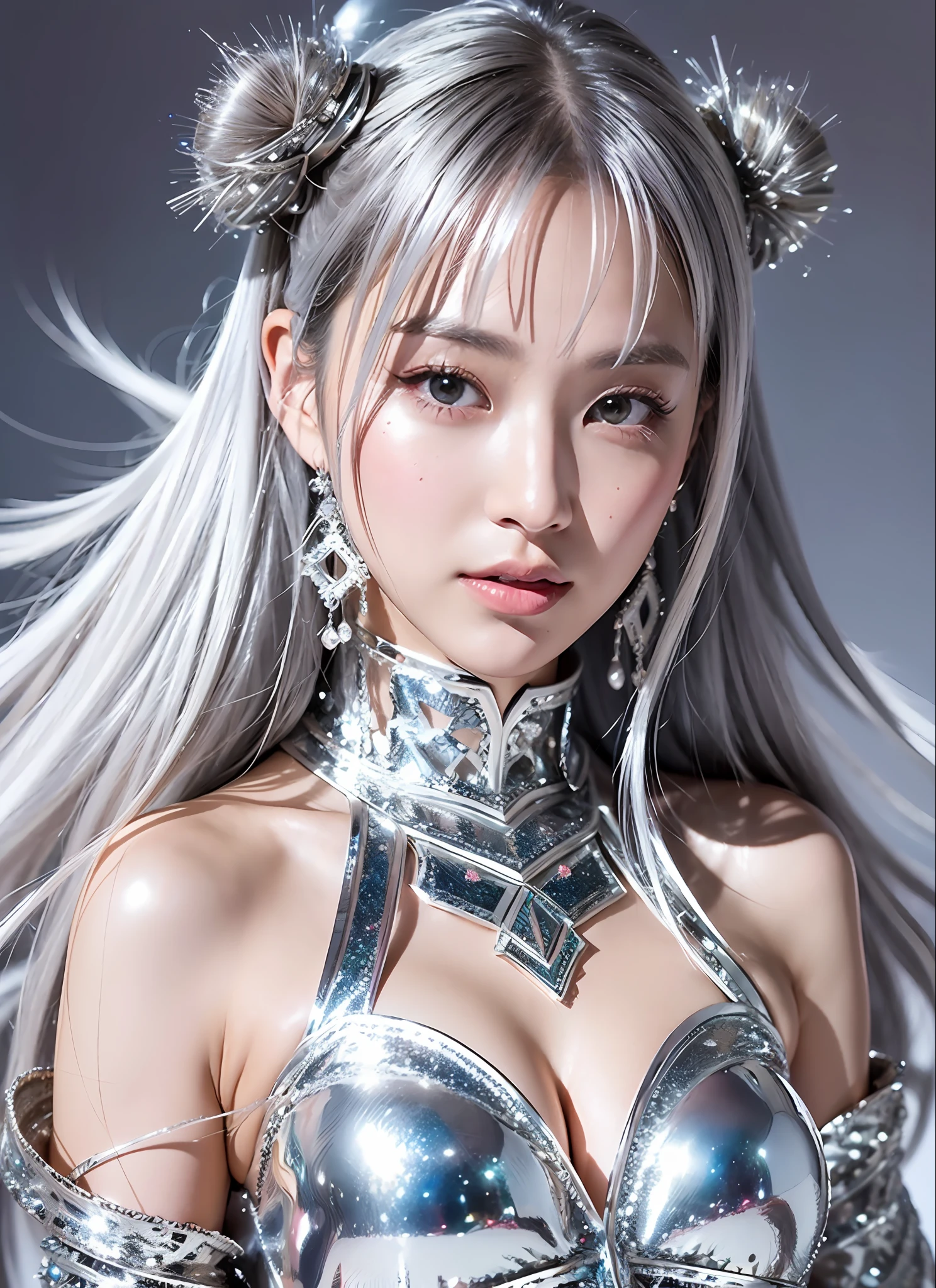 Generate images of young Japan women with high quality and outstanding silver color. She is dressed in a sophisticated fashion style, and silver outfits and accessories adorn her figure. Her hair is dyed silver, and her flowing silver hair flutters gracefully. The background is a landscape with abstract and fantastical elements, with silver rays and shimmering particles adorning the space. Her expression is calm, and her beautiful eyes shine quietly. The texture of the face and skin, carefully depicted in every detail, gives off a sense of transparency, and the combination with the silver costume creates a wonderful harmony. This image has a beautiful silver glow, which evokes visual stimulation and aesthetics, and will interest and surprise the viewer. The delicacy and silver charm of a young Japan woman are perfectly combined to create a highly artistic work.