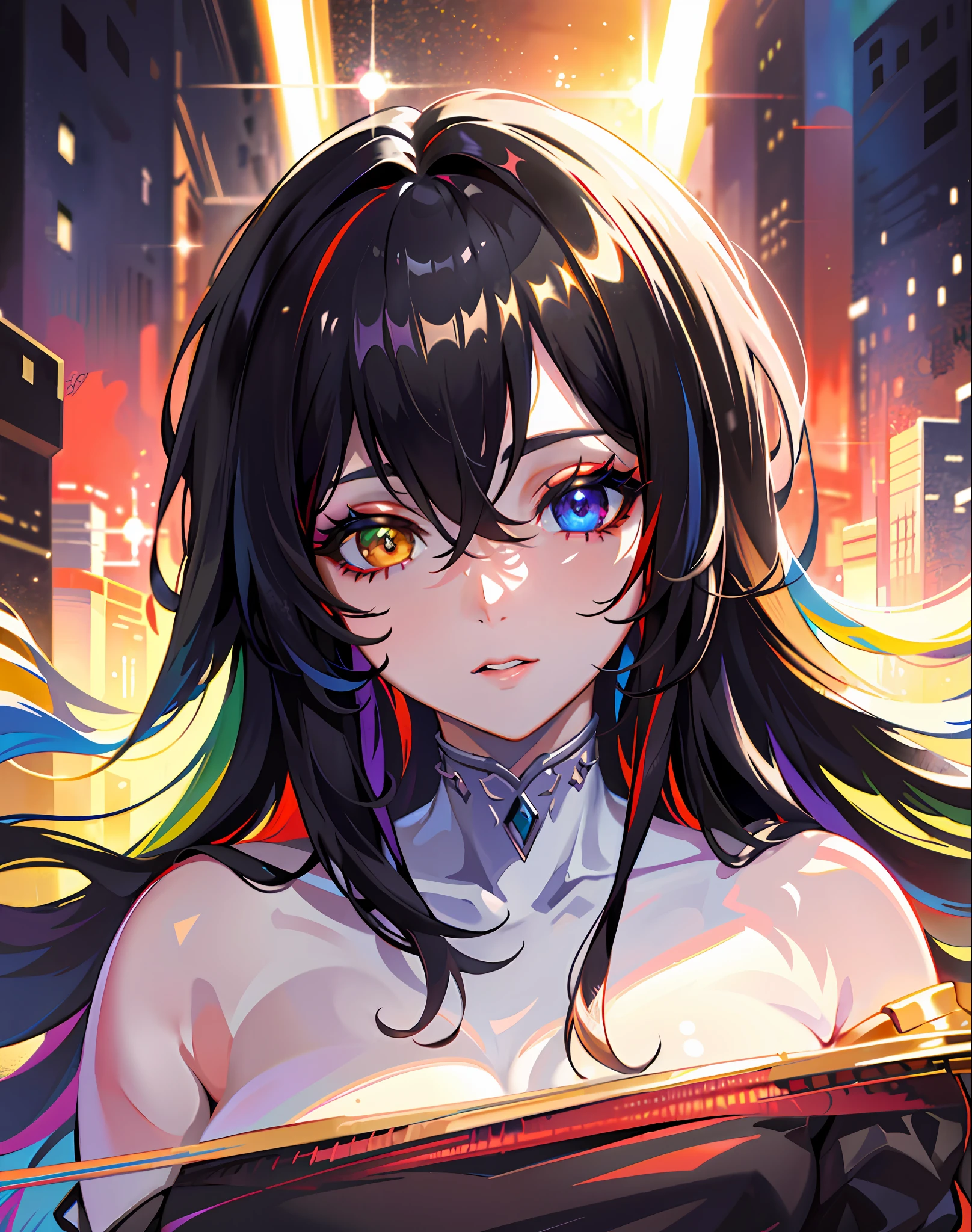 {{masterpiece}}, best quality, extremely detailed CG unity 8k wallpaper, cinematic lighting, lens flare, beautiful detail eyes, black,  side glance,  multicolor hair, colorful light, particles, heterochromia, (colorful:1.5), (colorful hair:1.5),