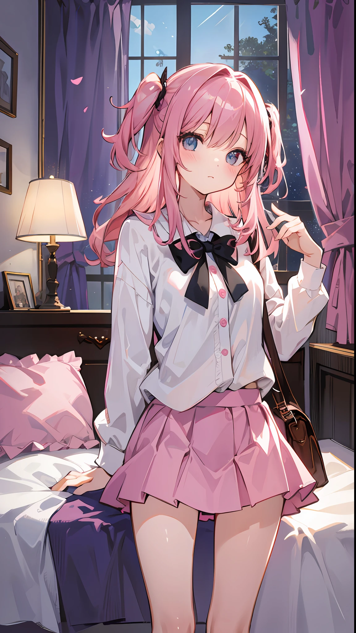 beautiful illustration, best quality, cute girl, bedroom, pink hair, happy, miniskirt, white blouse, two side up