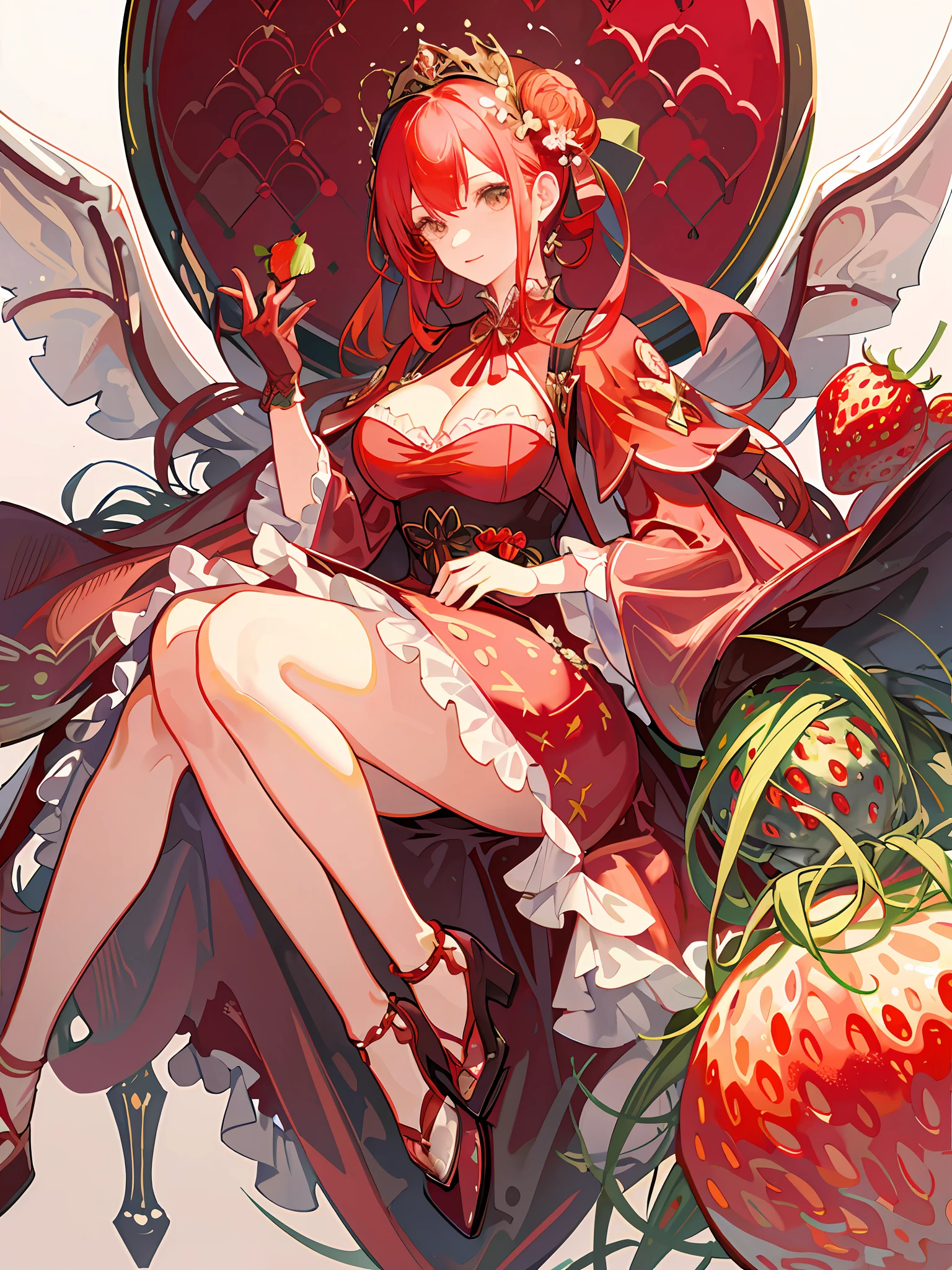 there is a woman in a red dress holding two large strawberries, japanese pop surrealism,japanese popsurrealism, holding a giant strawberry,HD,4k,masterpiece,best quality,look at viewer
