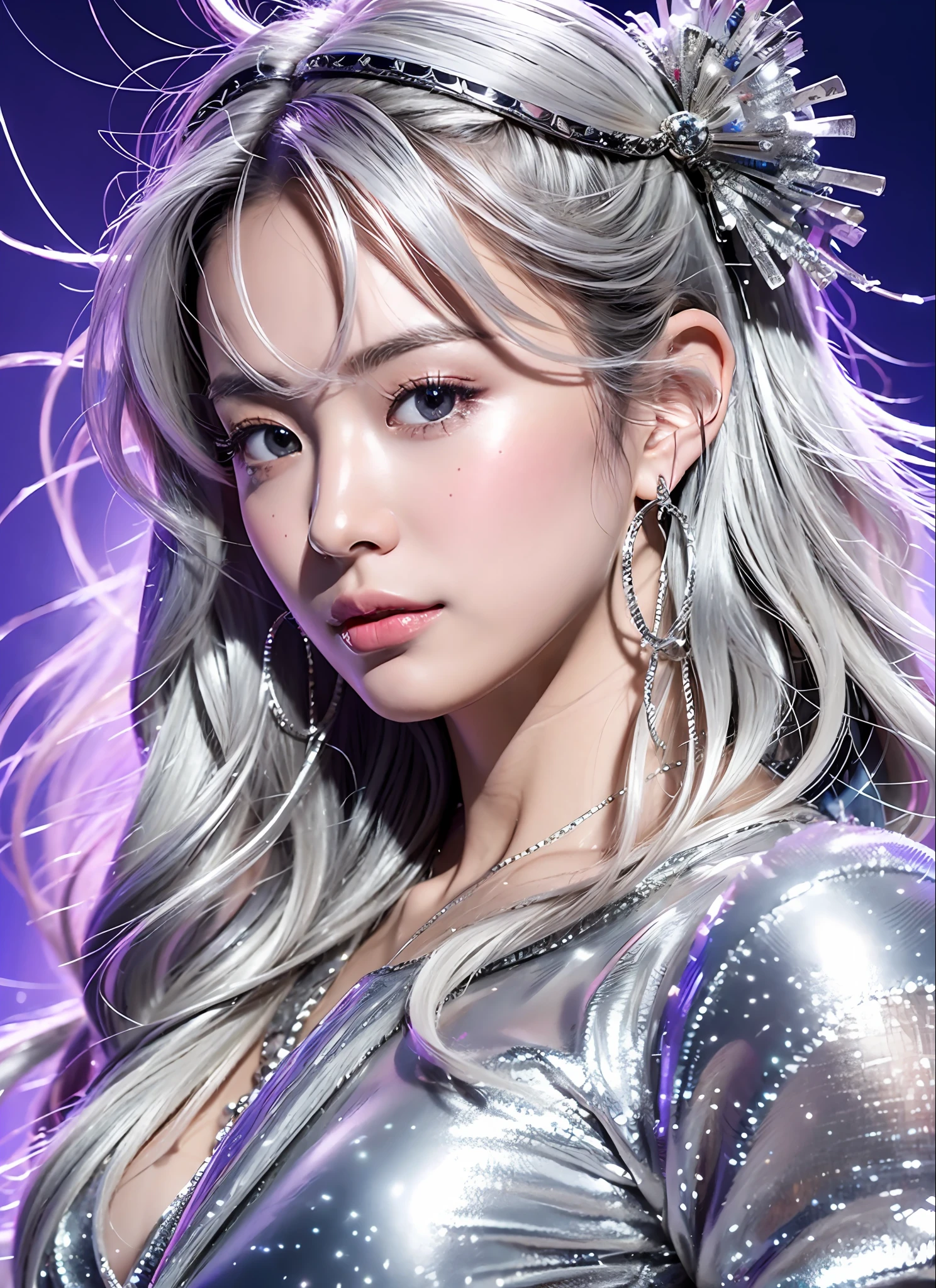 Generate images of young Japan women with high quality and outstanding silver color. She is dressed in a sophisticated fashion style, and silver outfits and accessories adorn her figure. Her hair is dyed silver, and her flowing silver hair flutters gracefully. The background is a landscape with abstract and fantastical elements, with silver rays and shimmering particles adorning the space. Her expression is calm, and her beautiful eyes shine quietly. The texture of the face and skin, carefully depicted in every detail, gives off a sense of transparency, and the combination with the silver costume creates a wonderful harmony. This image has a beautiful silver glow, which evokes visual stimulation and aesthetics, and will interest and surprise the viewer. The delicacy and silver charm of a young Japan woman are perfectly combined to create a highly artistic work.