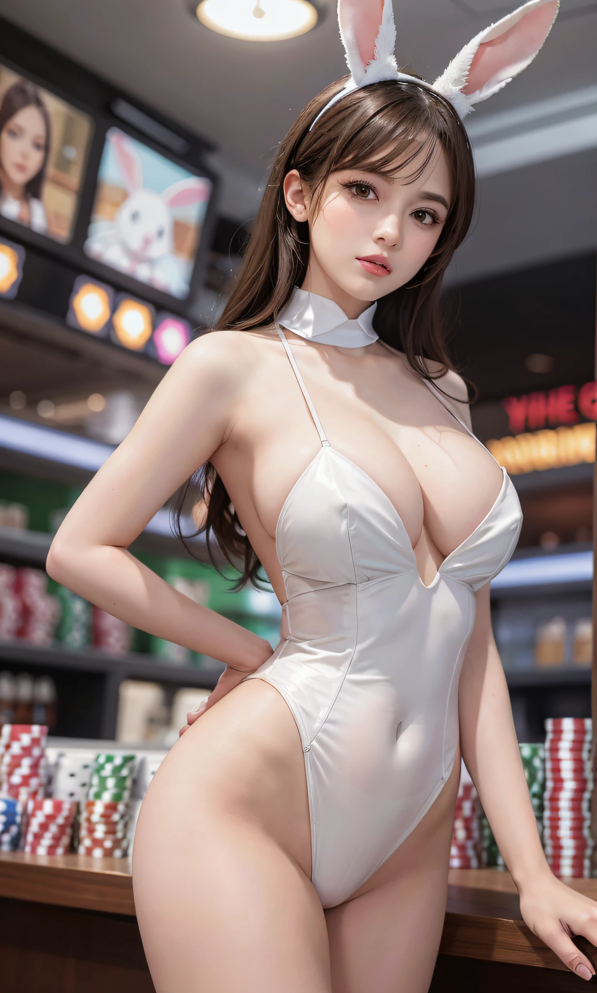 "There's a bunny girl girl standing in the casino, with short brown hair. Wearing a white bunny costume. The background is the front desk of the casino crowded with customers. Notice "down to the smallest details of the image, especially the eye details, emphasizing realism. This official art Unreal 8k wallpaper is a very detailed, beautiful, aesthetic masterpiece and of the highest quality. The use of dynamic angles shows the elegance and romanticism of the image. This character has large breasts, no panties and the shape of a camel toe."