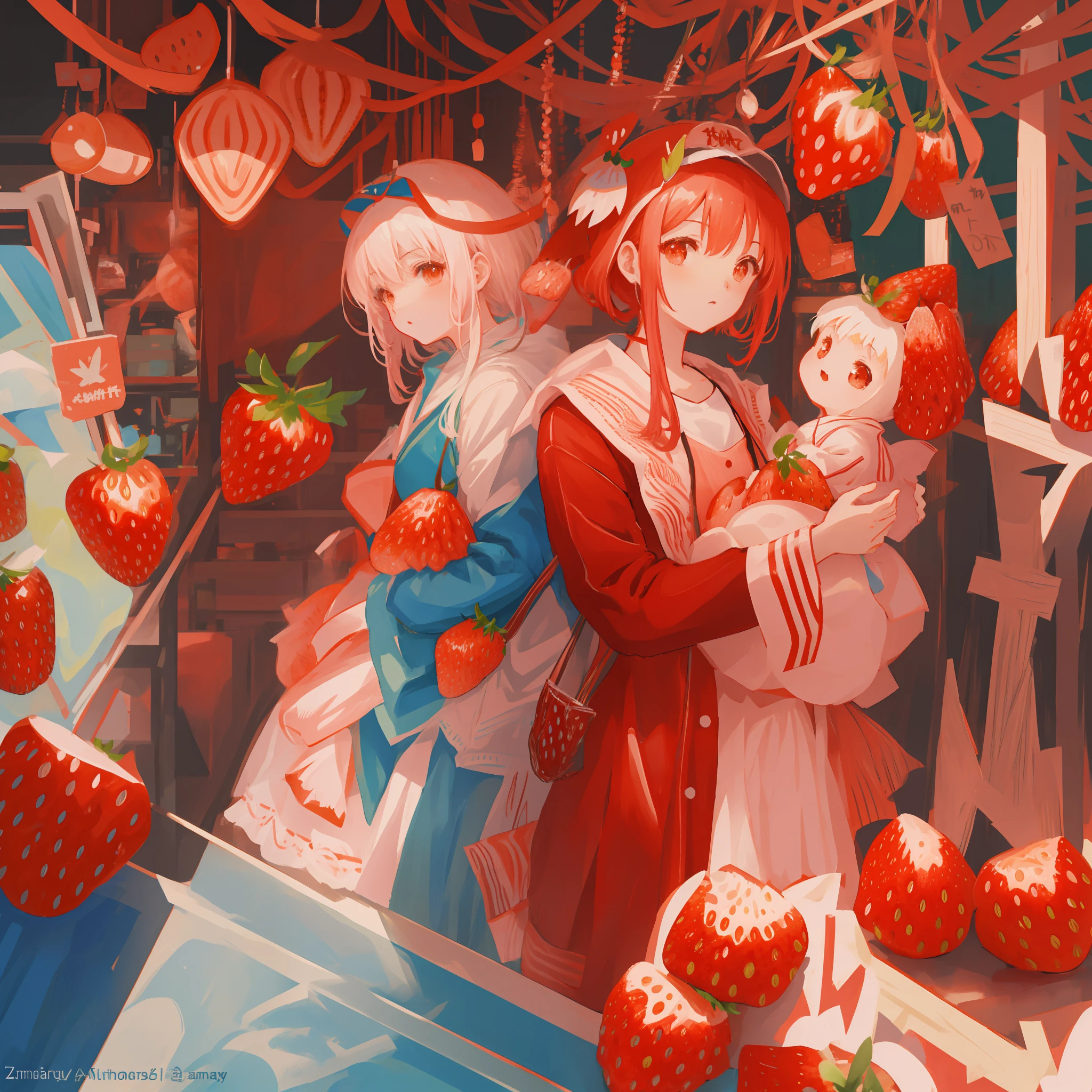 anime characters in a store with strawberries and other items, zerochan art, by Yamagata Hiro, fight with strawberries, by Yoshihiko Wada, a beautiful artwork illustration, guweiz on pixiv artstation, by Kamagurka, artwork in the style of guweiz, by Eizan Kikukawa, trending on artstation pixiv