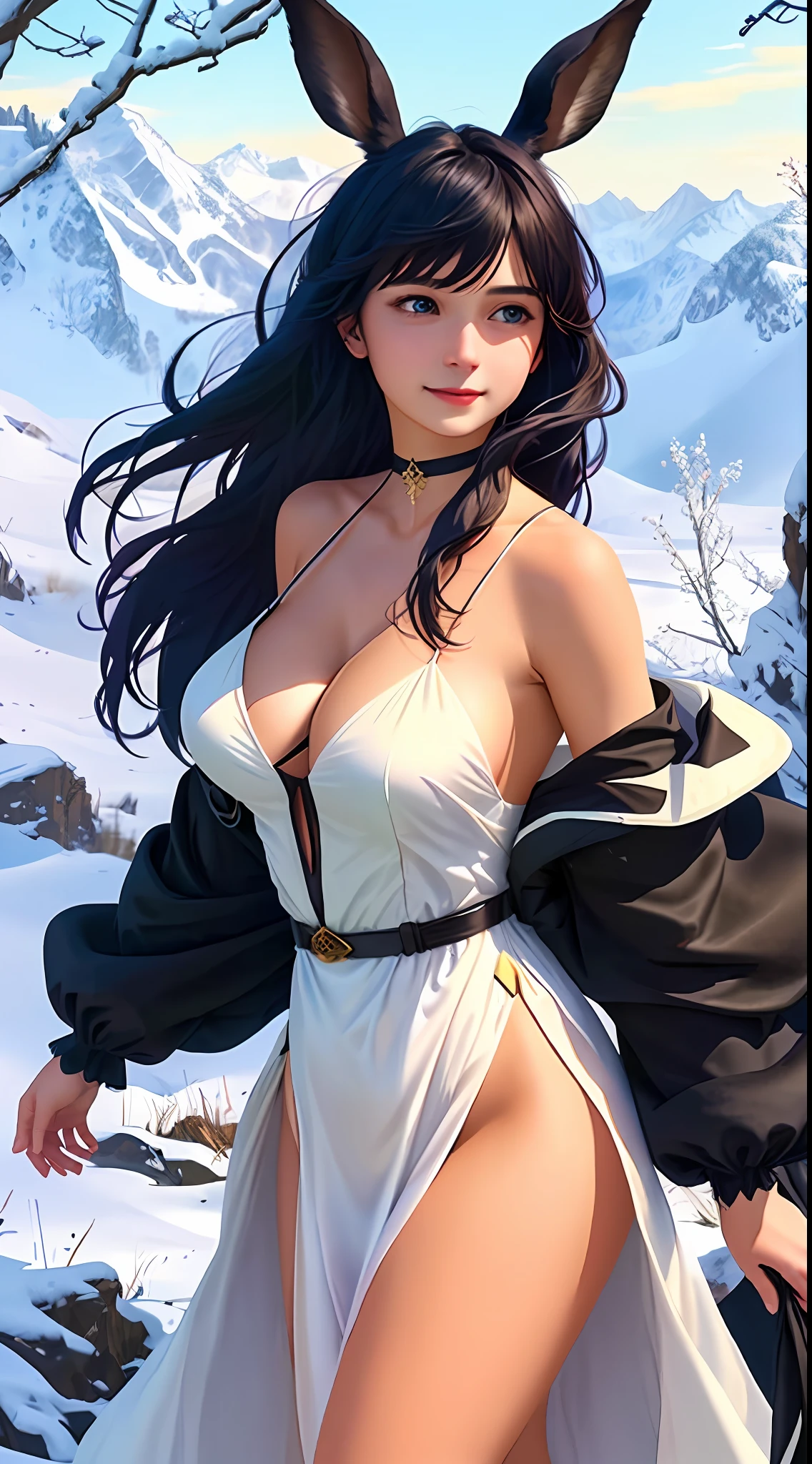 (masterpiece:1.2, best quality), (1lady, solo, upper body:1.2), big tits, shoulder length hair, Minimal dark makeup, Face close-up, Smile, black hair, blue eyes, black furry bunny ears, (((white dress))), (black lipstick), viera, final fantasy xiv, ((seductive)), nipple outline, ((bangs)), choker, BREAK Behind her, a green forest stretches out and beyond that, mountains rise in the distance. BREAK The most suitable effect for this scene would be a watercolor painting technique to capture the softness of the meadow and the fluidity of the movement.