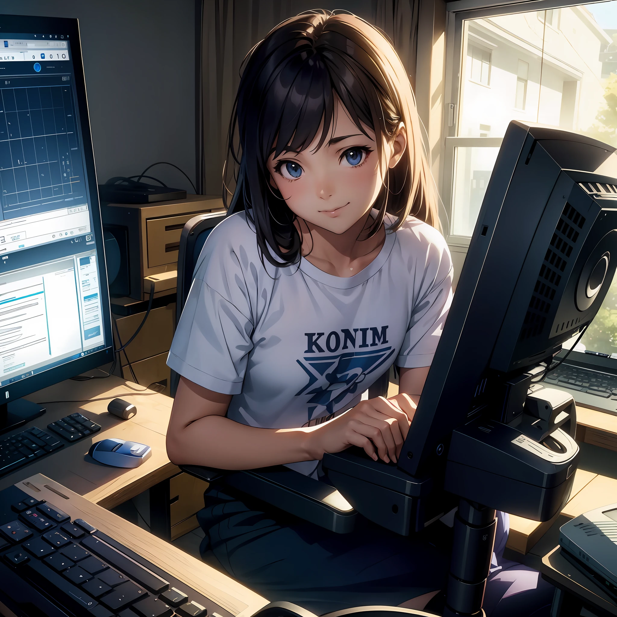 anime girl sitting in front of a computer with a keyboard and monitor, digital anime illustration, digital anime art, smooth anime cg art, makoto shinkai. digital render, anime style 4 k, 4k anime wallpaper, detailed digital anime art, ilya kuvshinov. 4 k, makoto shinkai and artgerm, realistic anime 3 d style