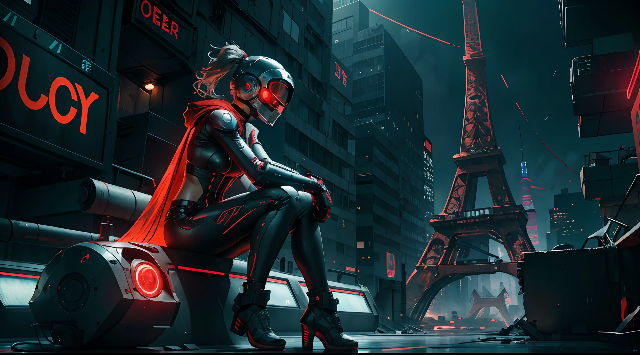 A girl, silver-white long ponytail wearing a black-red glowing mechanical helmet, eyes shining red, dressed sexy, half of the body is openwork reelmech, right hand is a mechanical prosthesis, red torn cloak swaying in the wind, next to a small aerial machine with complex structure, night, a ruined cyberpunk city in the book of apocalypse, girl sitting on this big neon billboard, lifelike, best picture quality, highest definition and clarity, original, surreal, high detail, futuristic, action painting, chiaroscuro, cinematic lighting, ray tracing, reflected light, denim lens,