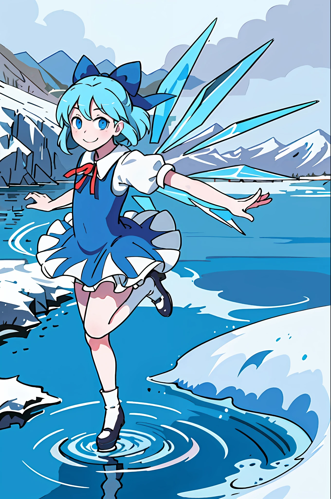 masterpiece, best quality, 1girl,smile,cirno,flying, blue eyes,ice wings,snow, solo, lakeside