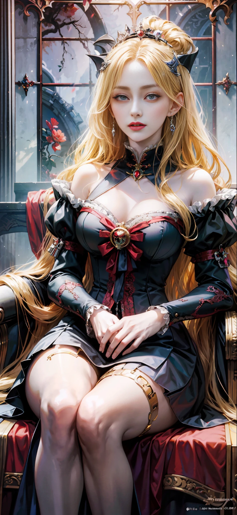 a anime picture of a couple of people sitting next to each other, anime key visual of elegant, gothic maiden anime girl, detailed key anime art, anime vampires, beautiful vampire queen, beautiful vampire female queen, blonde - haired princess, key anime art, blonde anime girl with long hair, castlevania witch, alucard, marisa kirisame, ((a beautiful fantasy empress))