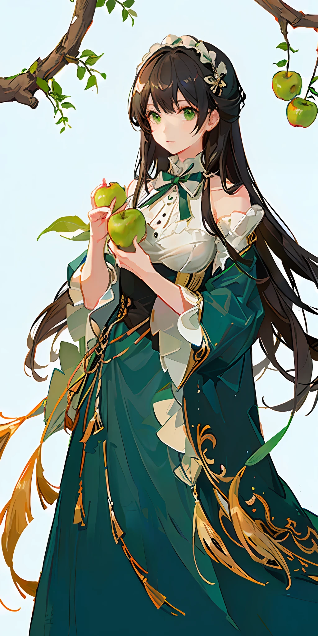 there is a woman with a bow on her head holding a pile of green apples, with apple, she has black hair with bangs, chiho, official artwork