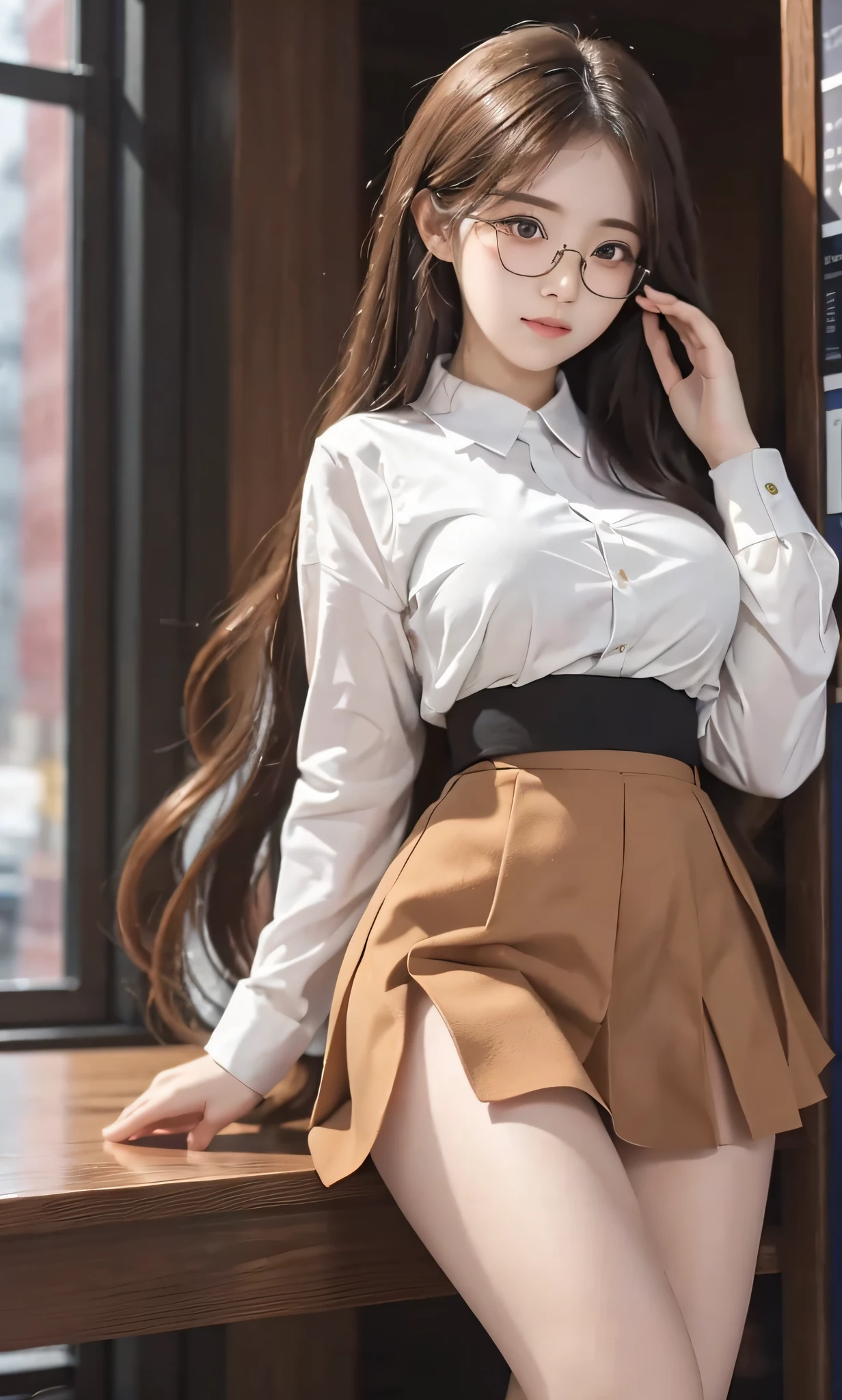 ulzzang-6500-v1.1, (raw photo:1.2), (photorealistic:1.4), beautiful detailed girl, very detailed eyes and face, beautiful detailed eyes, huge file size, super detailed, high resolution, very detailed, best quality, masterpiece, short student outfit, (no leakage), (character face face shot), illustration, very detailed, CG, unified, 8k wallpaper, amazing, fine details, masterpiece, Best Quality, Wallpaper, Light on Face, Movie Lighting, 1girl, 16 years old, long white hair, side split, B cups, mature figure, perfect figure, (with glasses), ((dynamic pose))), (camel toe), (medium view), ((student skirt))