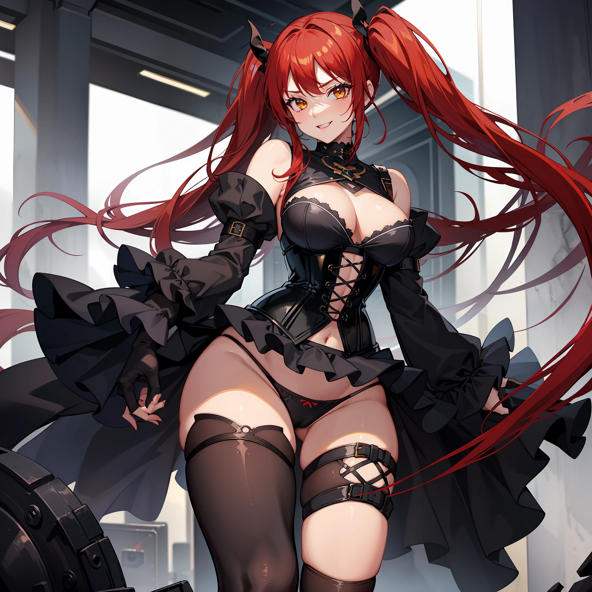 1girl, high quality, perfect anatomy, corset, black panties, thigh highs, black gloves, red hair, yellow eyes, navel, evil smile,twintails,