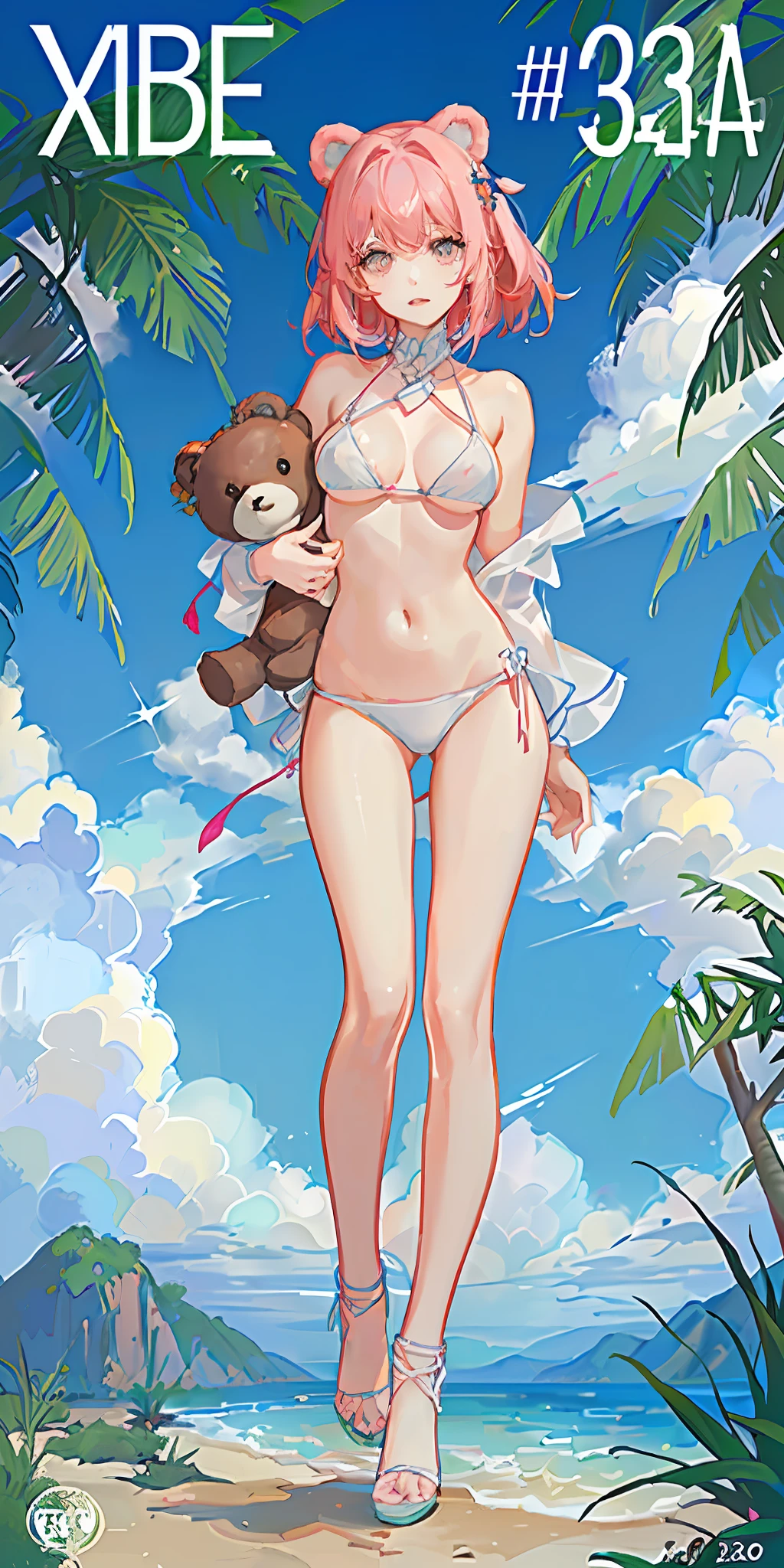 (HD,4k,masterpiece,best quality),look at viewer,arafian magazine cover with a woman in a white bikini and a teddy bear, main color are pink and white❤🔥🍄🌪,