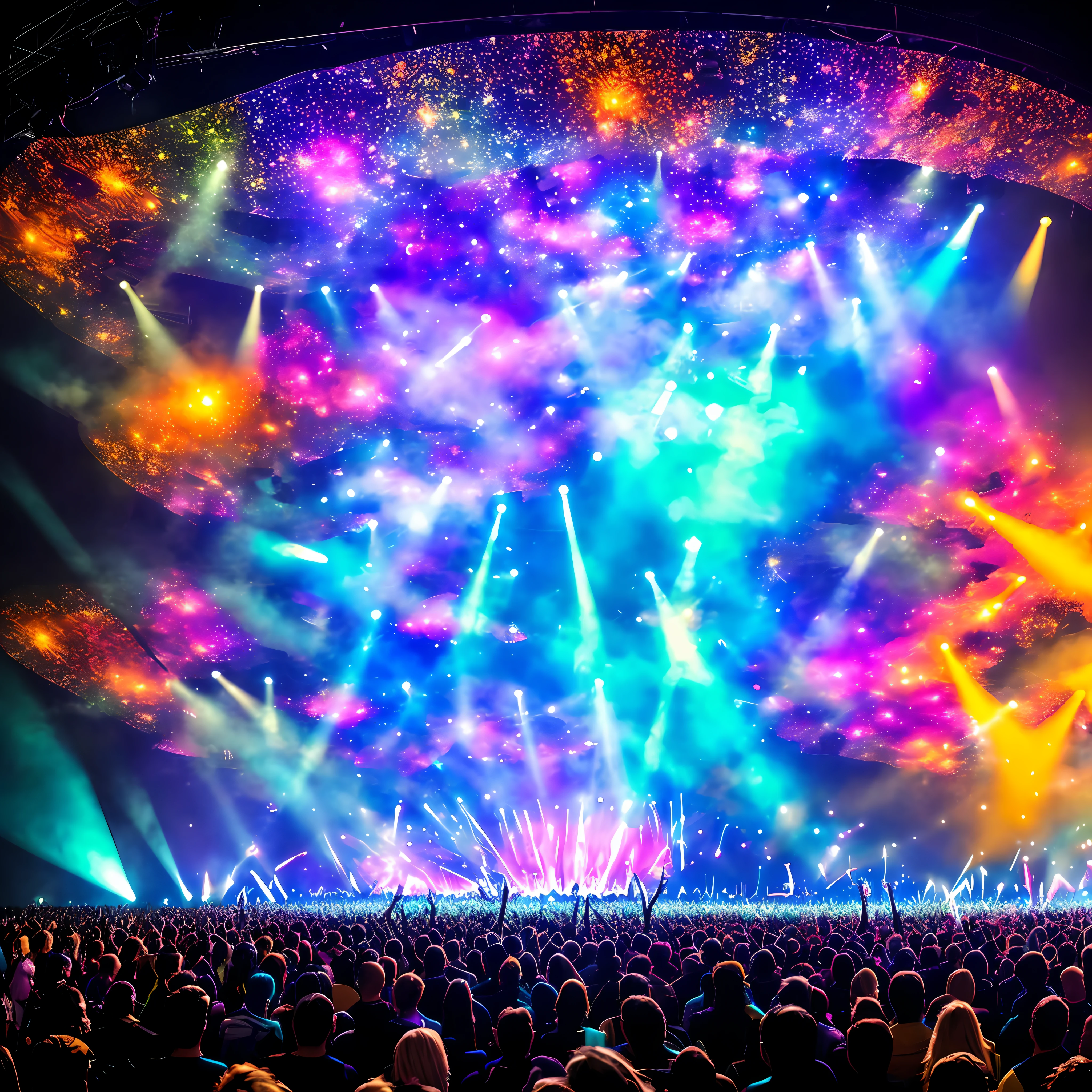 Create a band, highlighting the musicians, playing on a futuristic super stage with a big screen with images of colorful rays, at night, with the full moon standing out on high, a huge audience energizing the show highlighting vibrating energies of the audience