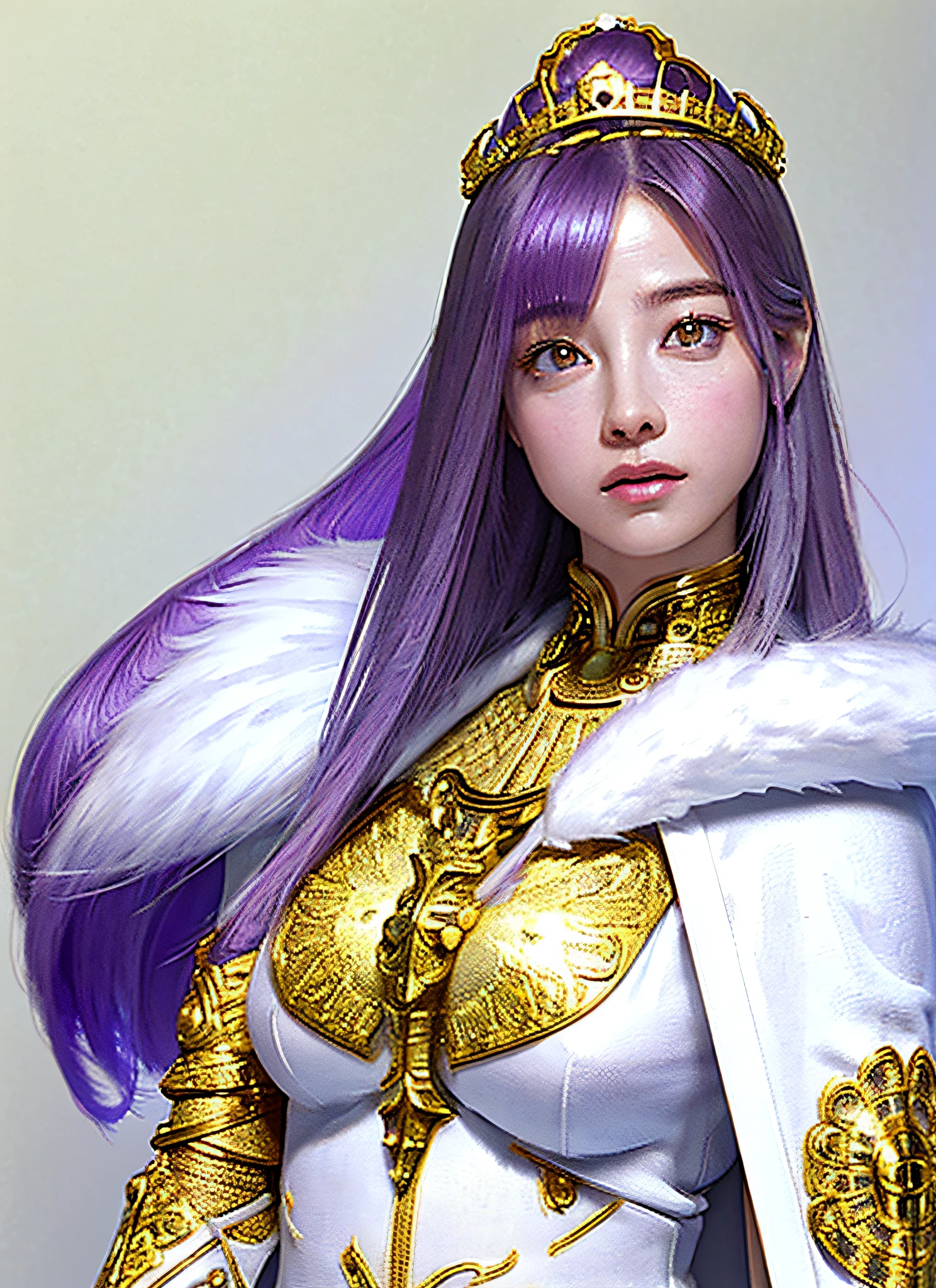 Ultra detailed complex 3d rendering of face, huge breasts, long hair, viewer view, pants, parted lips, (shiny skin),realistic sensual gravure idol,(), intricate details, ultra-detailed complex 3d rendering of face with beautiful porcelain profile, (warrior queen armor, fur-lined cape, jeweled crown: 2.2), big, huge, ( (Micro bikini)Sexy swimsuit, (surreal), (Magic wand), (High resolution), (8K), (Very detailed), (Beautiful detailed eyes), (Best quality), (Ultra detailed), Intricate detail jewelry (Detailed female armor: 2.3), (Gorgeous gold armor: 1.3), 1 girl, Solo, Long hair, wind, gorgeous face, top quality, masterpiece, maximum detail, diffused lighting, (purple hair: 1.3), Valhalla Valkyrie, mechanical arm, beauty, facial muscles