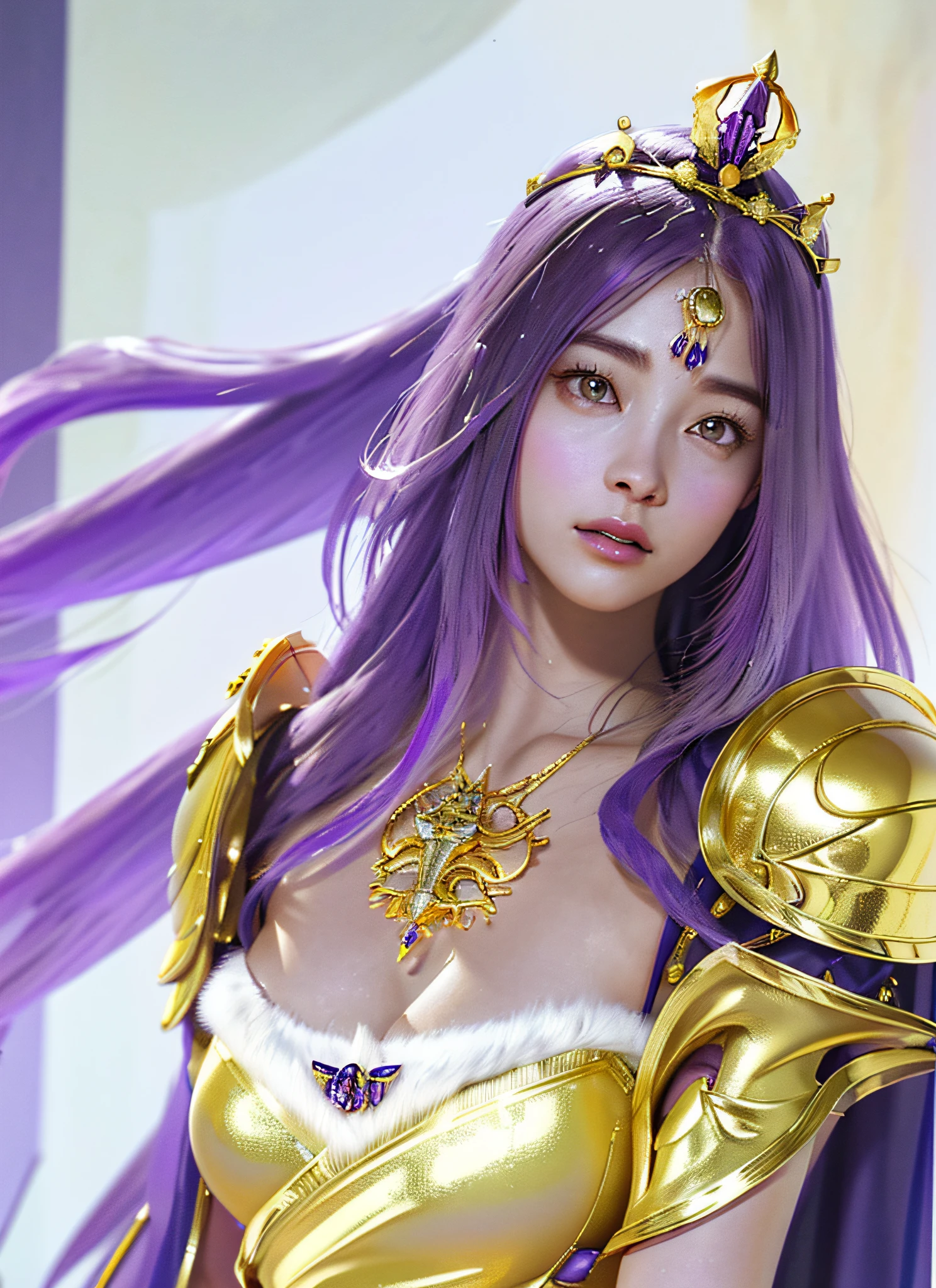 Ultra detailed complex 3d rendering of face, huge breasts, long hair, viewer view, pants, parted lips, (shiny skin),realistic sensual gravure idol,(), intricate details, ultra-detailed complex 3d rendering of face with beautiful porcelain profile, (warrior queen armor, fur-lined cape, jeweled crown: 2.2), big, huge, ( (Micro bikini)Sexy swimsuit, (surreal), (Magic wand), (High resolution), (8K), (Very detailed), (Beautiful detailed eyes), (Best quality), (Ultra detailed), Intricate detail jewelry (Detailed female armor: 2.3), (Gorgeous gold armor: 1.3), 1 girl, Solo, Long hair, wind, gorgeous face, top quality, masterpiece, maximum detail, diffused lighting, (purple hair: 1.3), Valhalla Valkyrie, mechanical arm, beauty, facial muscles