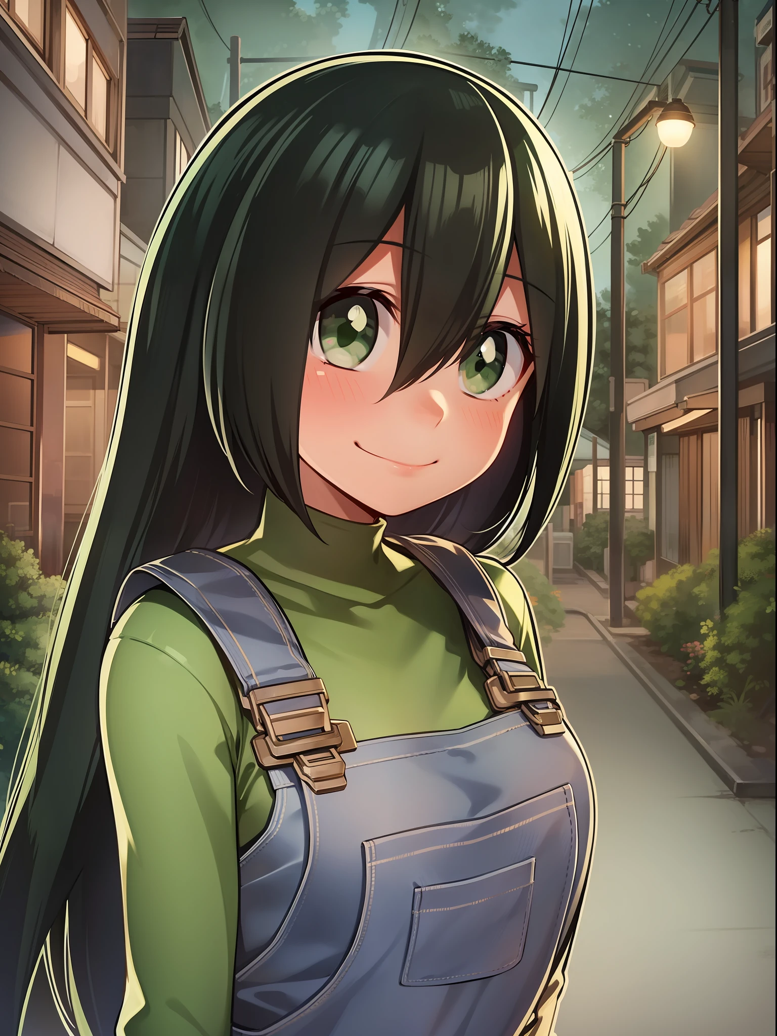 Tsuyu Asui, wearing overalls clothing, forest street, night, nice environment, super detailed, high quality, closeup
