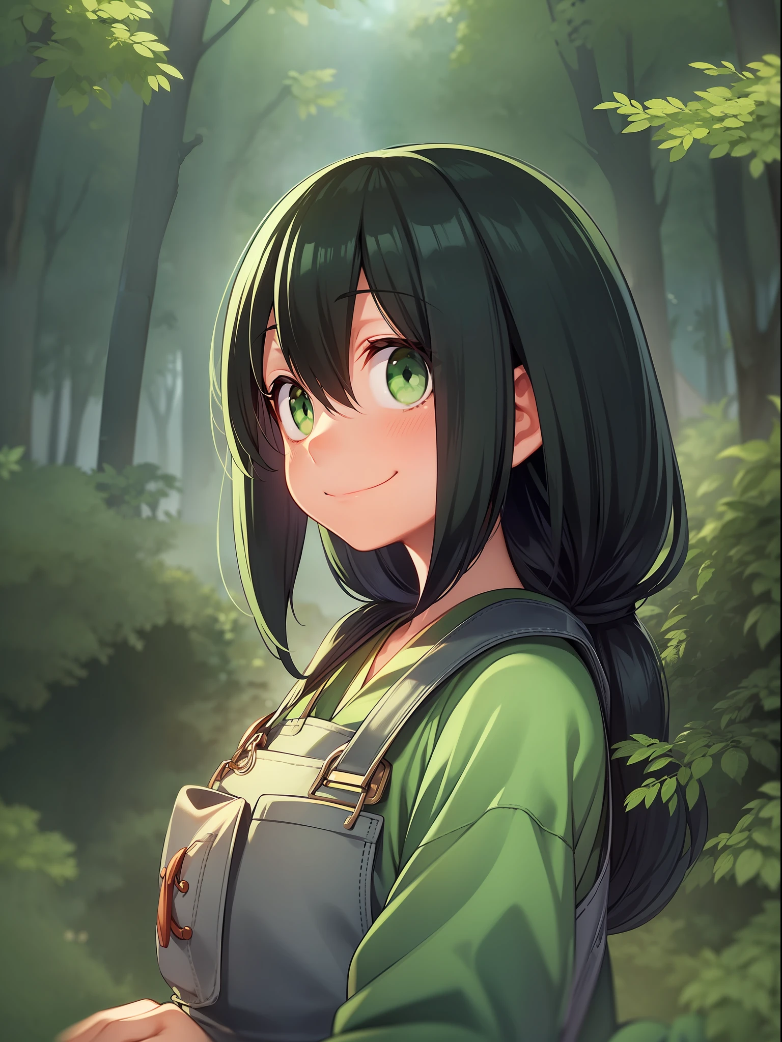 Tsuyu Asui, wearing overalls clothing, forest street, night, nice environment, super detailed, high quality, closeup