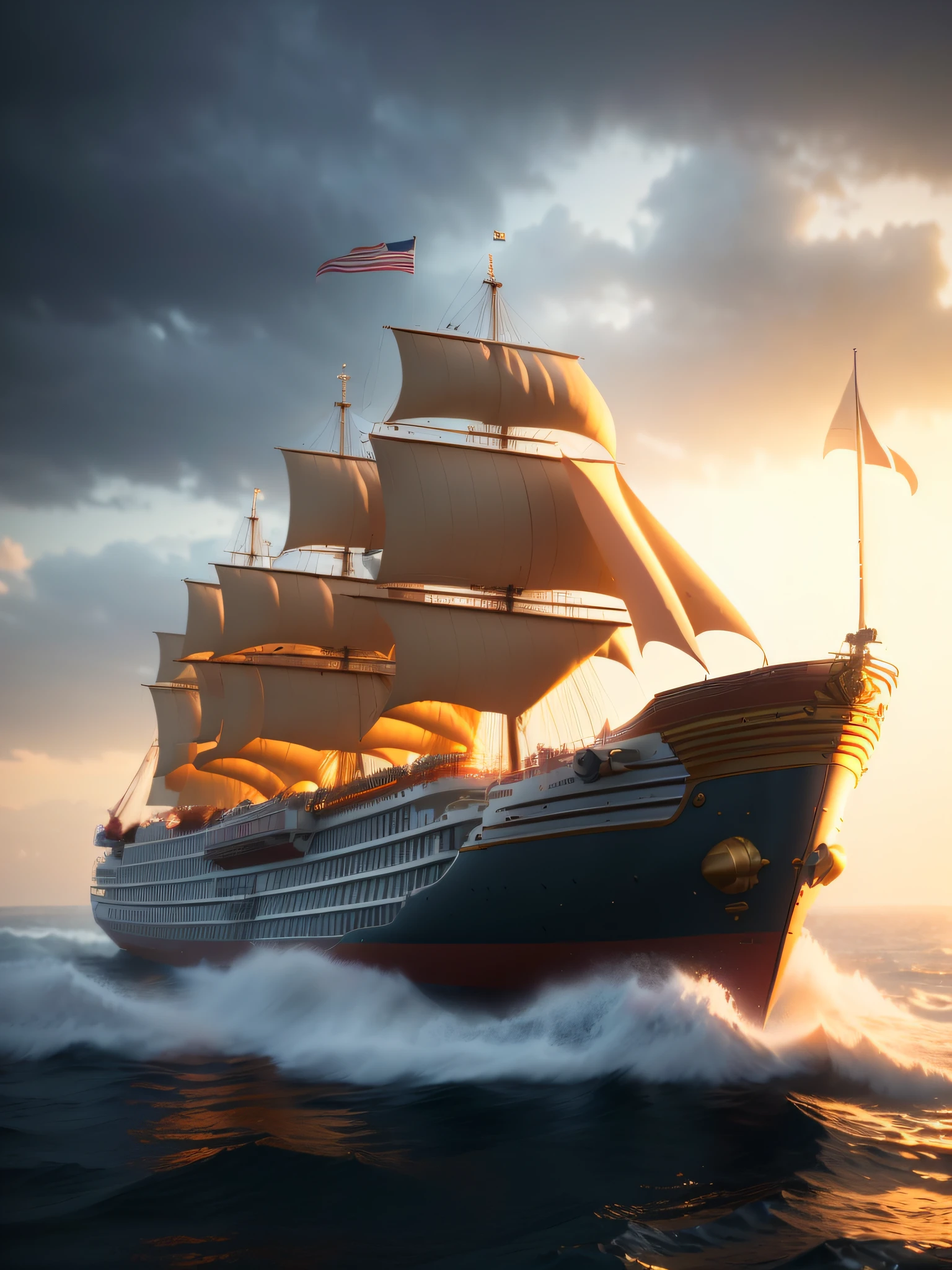 there is a large boat sailing on the ocean at sunset, rendered in corona, sailing ship, ship at sea, by Brian Thomas, by Jason Felix, rendered in maya and houdini, rendered illustration, masterpiece. rendered in blender, rendered in cgi, digitally painted, galleon, rendered in blender, gold galleon ship