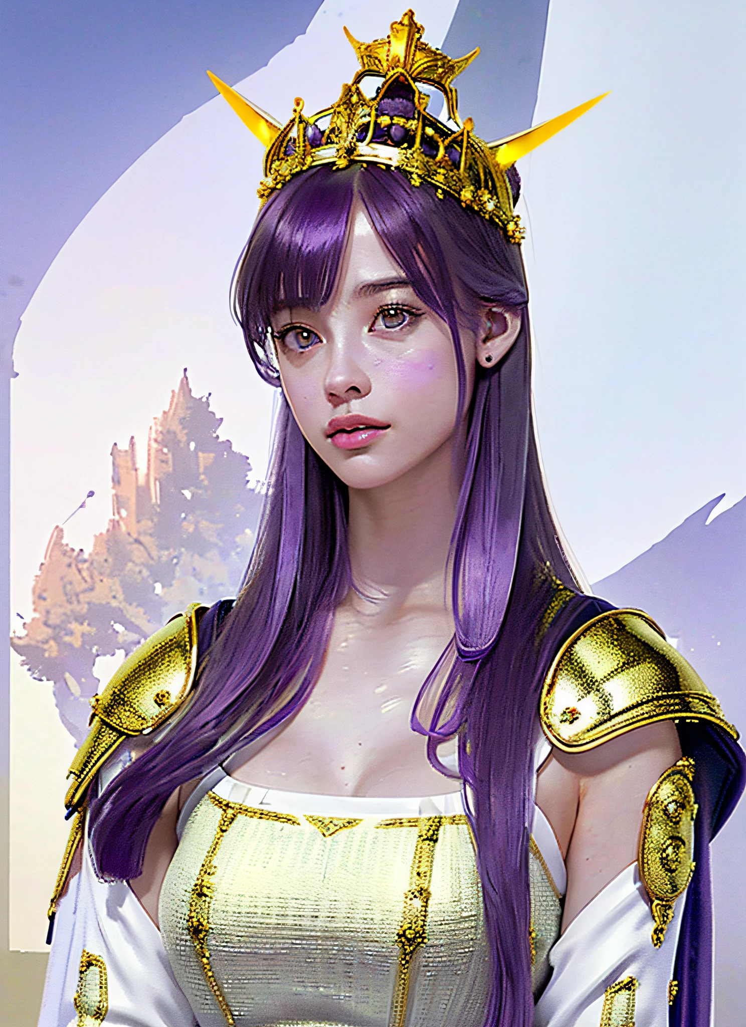 Ultra detailed complex 3d rendering of face, huge breasts, long hair, viewer view, pants, parted lips, (shiny skin),realistic sensual gravure idol,(), intricate details, ultra-detailed complex 3d rendering of face with beautiful porcelain profile, (warrior queen armor, fur-lined cape, jeweled crown: 2.2), big, huge, ( (Micro bikini)Sexy swimsuit, (surreal), (Magic wand), (High resolution), (8K), (Very detailed), (Beautiful detailed eyes), (Best quality), (Ultra detailed), Intricate detail jewelry (Detailed female armor: 2.3), (Gorgeous gold armor: 1.3), 1 girl, Solo, Long hair, wind, gorgeous face, top quality, masterpiece, maximum detail, diffused lighting, (purple hair: 1.3), Valhalla Valkyrie, mechanical arm, beauty, facial muscles
