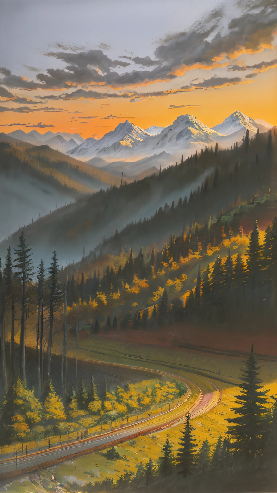 There is a rack ride through the mountains, drawn in Microsoft Paint, sunset, mountains, forest in the background, hills, mountain view, scenery outside the car window, some trees, in the mountains, landscape illustration, overlook