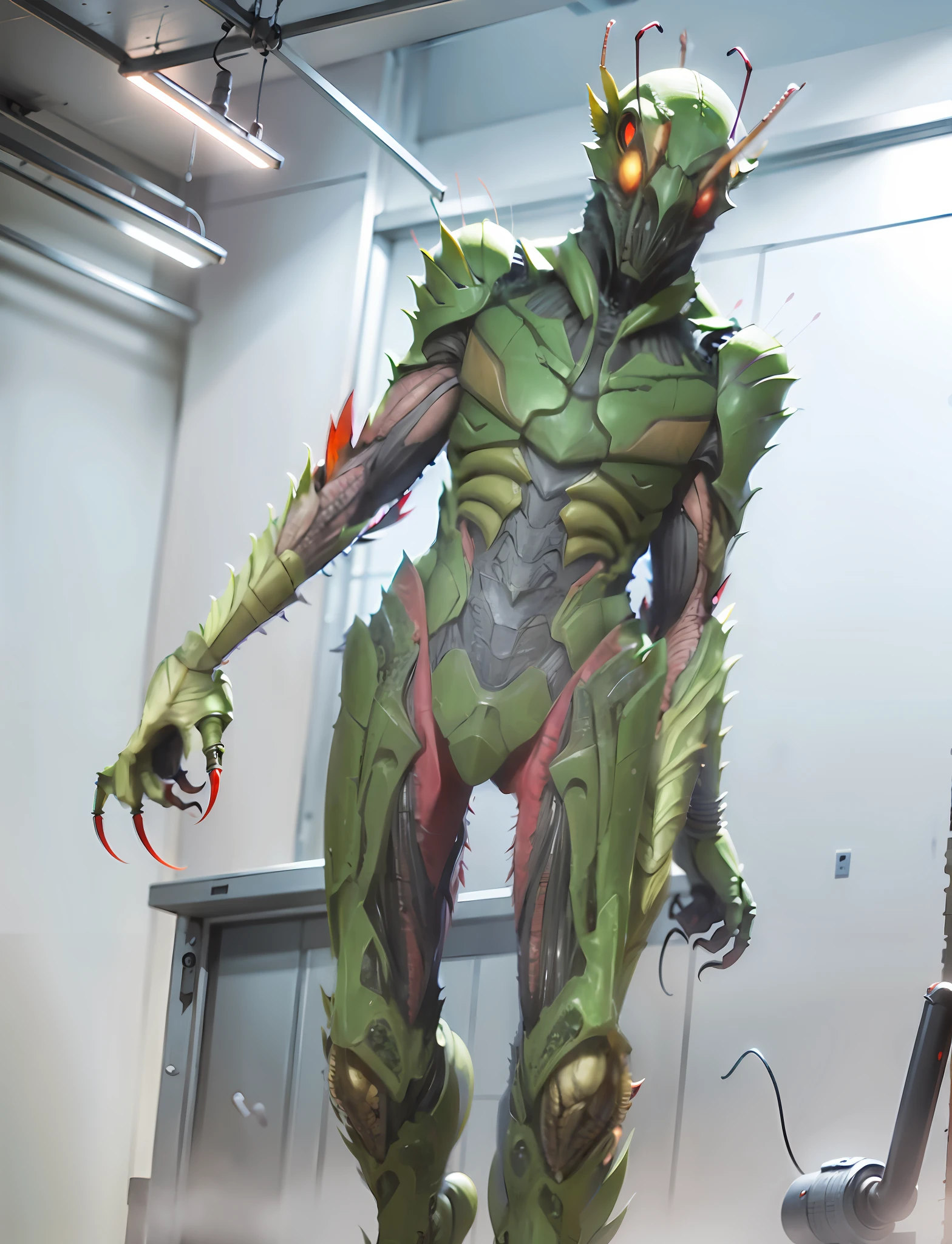 Background of dimly lit research facility, characteristic insect tactile sensation, flying insect monster, sharp long claws, red insect eyes, raw musculature, cyber machinery in the abdomen, rough skin feeling, unfinished physical tissue, raw body