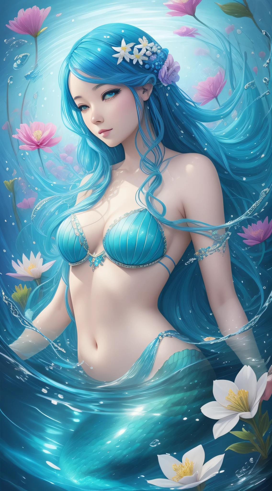 mermaid with blue hair and flowers floating in the water, beautiful mermaid, beautiful digital illustration, a beautiful artwork illustration, beautiful digital artwork, beautiful gorgeous digital art, beautiful digital art, asian female water elemental, gorgeous digital art, very beautiful digital art, closeup fantasy with water magic, beautiful fantasy art, beautiful digital painting, exquisite digital illustration, gorgeous digital painting