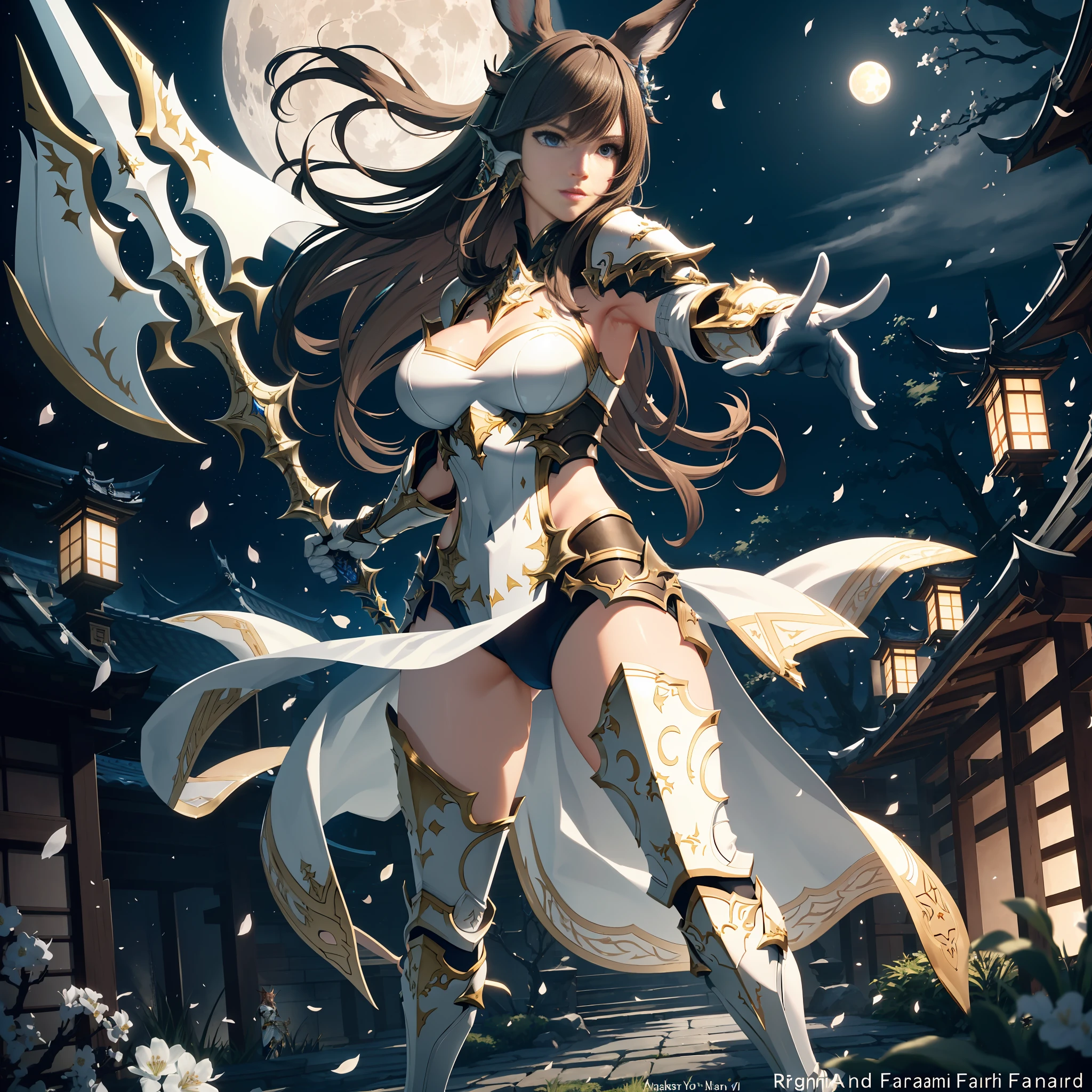 masterpiece, ultra realistic, 8k, ultra realistic eyes, blue right eye and green left eye, full body image, focus on chest region, large breasts, white armor with pointed shoulder pad and golden details, a very beautiful rabbit woman with brown hair, brunette woman, tanned dragoon woman final fantasy xiv, came final fantasy xiv, came brown hair, White armor with golden details, white armor with pointed shoulder pad, holding a spear, a Japanese backyard lit by Japanese lanterns, cherry tree petals falling in the background Full moon in the background and starry sky, full moon with clear weather, ultra realistic moon, ultra realistic stars, wielding a magical spear in the shape of a dragon, Final Fantasy 14 Screenshot, Final Fantasy 14 sharp, FFXIV Heavensward, Final Fantasy 14 style, brown hair color, wielding partisan pointing forward, standing position with left leg forward and right leg behind, only the woman in the picture, Partasan gun, partasan in the hands, holding the partasan with both hands at the waist line in front of the body, better eyes, Ultra realistic eyes, full body inside the frame, super defined hand, ultra realistic hands, one right hand and one left hand, better leg posture, ears appearing whole in the image, camera recoil, no colors other than white or gold on the clothes and armor, better hand anatomy.