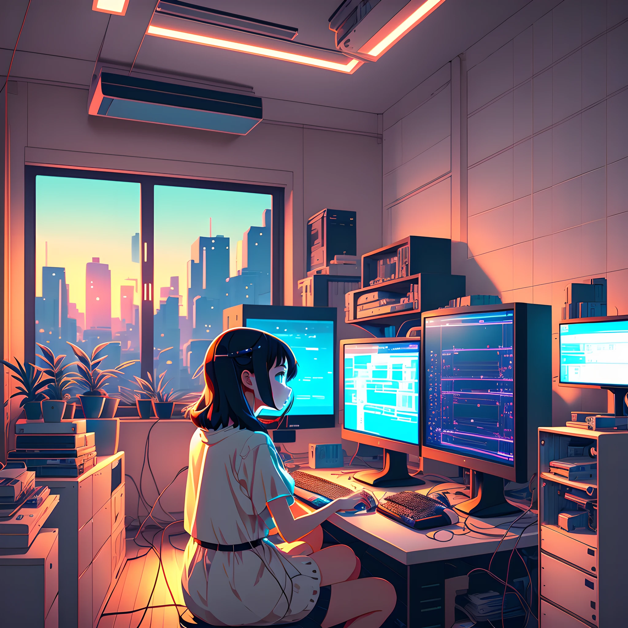 Create a high resolution artwork of Anime Girl is programming at a computer in a room full of gadgets, web developer, by makoto shinkai and ghibli studio, outlined silhouettes, dramatic lighting, highly detailed, incredible quality, trending on artstation, masterpiece, 8k,1920x1080Screen Resolution --auto --s2