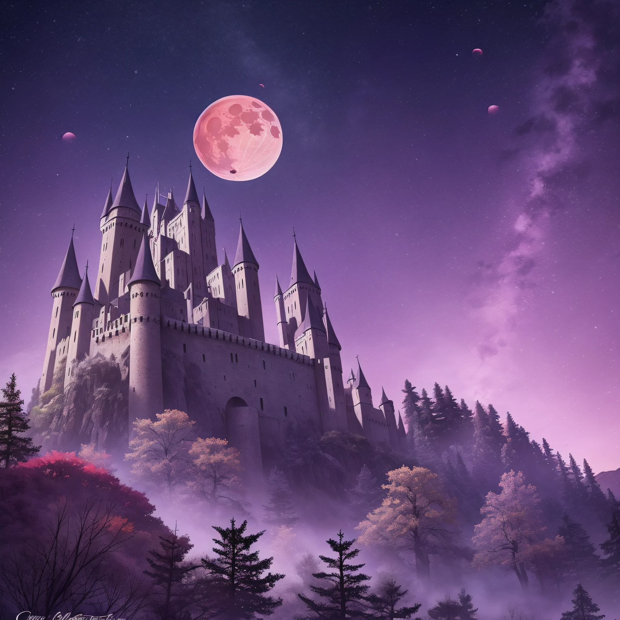 The abandoned medieval castle towers over a high mountain, crows, darkness, death, purple sky, blood moon --auto --s2