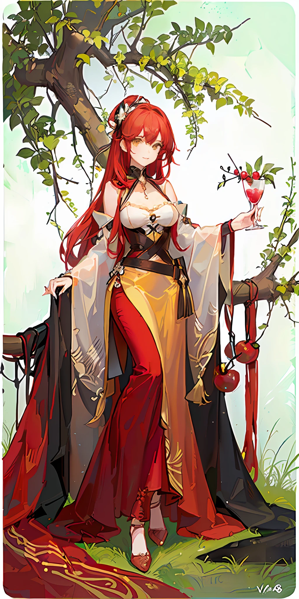 araffe girl holding a cherry and a cherry in her hand, official artwork,🐿🍸🍋, yellow background,look at the viewer
