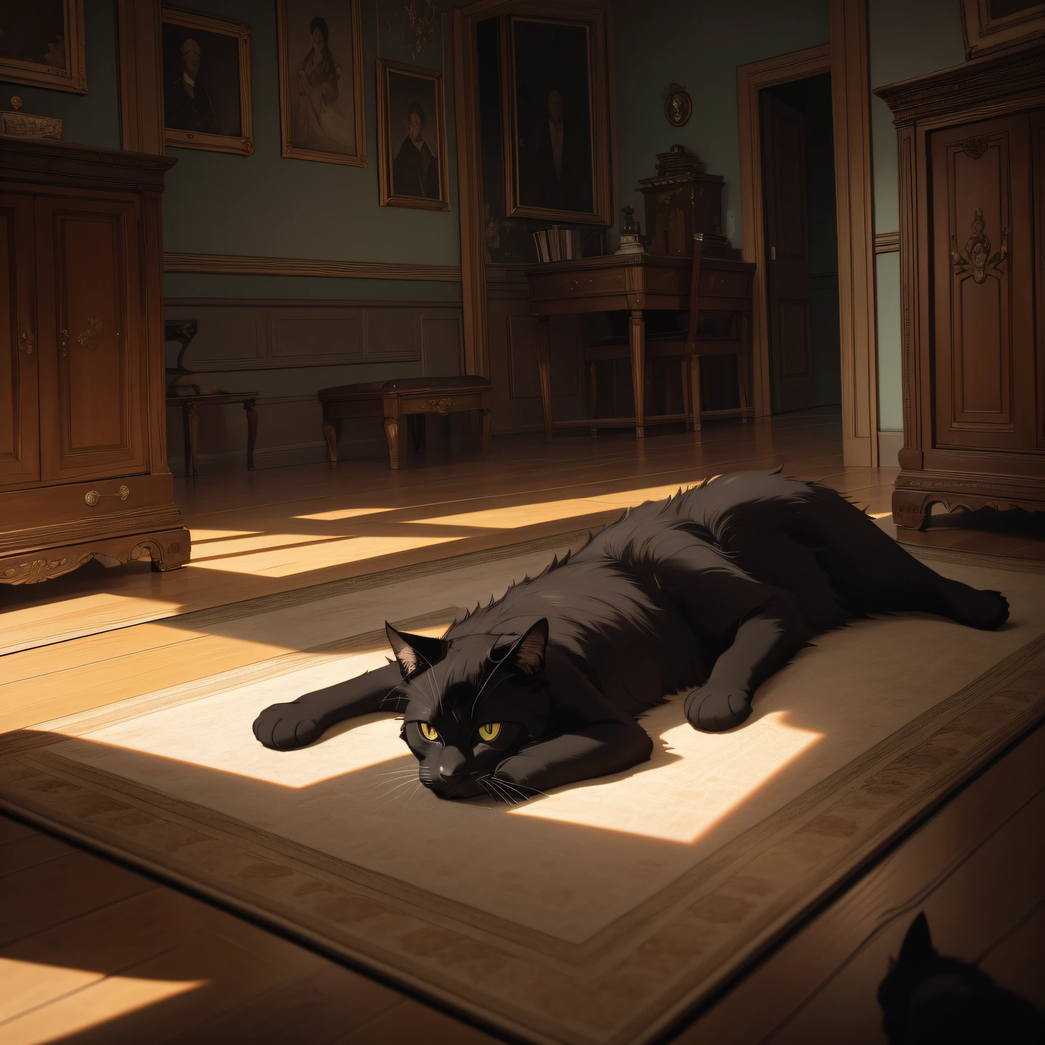 Absurd resolution, high resolution, (masterpiece: 1.4), hyper-detailed, eerie room, a black cat lying on his stomach in the kitchen