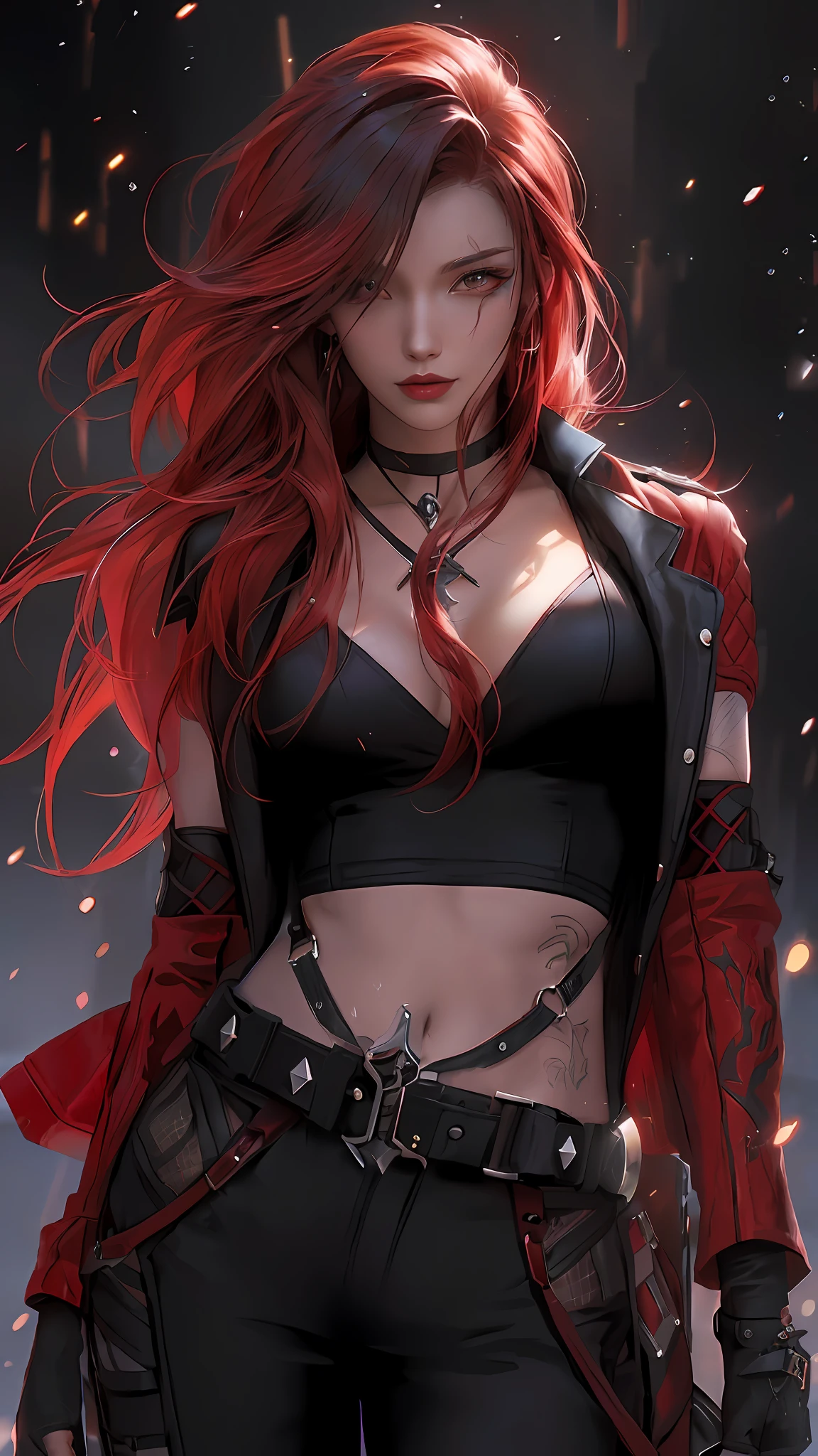 a close up of a woman with red hair and a red jacket, style artgerm, katarina, extremely detailed artgerm, katarina from league of legends, redhead female cyberpunk, by Yang J, stunning character art, style of artgerm, deviantart artstation cgscosiety, ig model | artgerm, red haired goddess