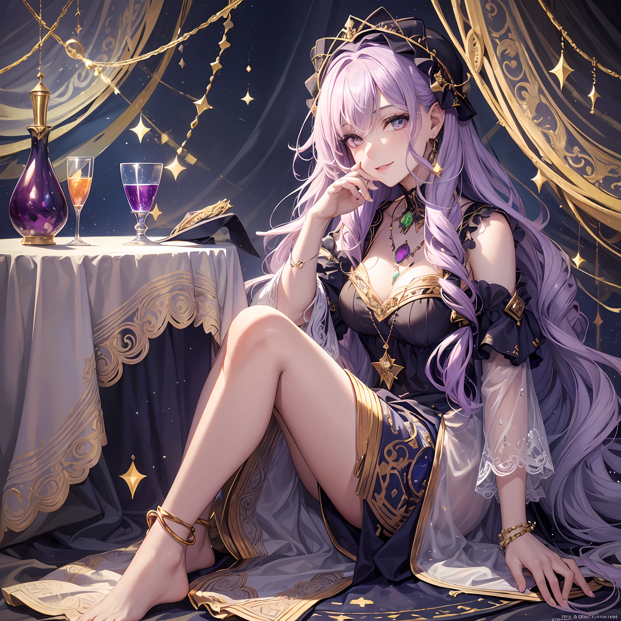 (masterpiece, top quality, highest quality, official art, beautiful and aesthetic: 1.2), (one girl: 1.3), wavy long hair, lilac hair, highly detailed portrait, highly detailed hands, looking at the viewer, solo, (full body: 0.6), detailed background, close-up, glowing eyes, (cold arctic winter theme: 1.1), fortuneteller, charlatan, grinning, mysterious, sitting at the table, colorful shoulderless loose gypsy fortune teller clothes, chalice, tarot cards, crystal balls, medieval (tent interior: 1.1) background, tent curtains on background, dark mystical lighting, shadows, magical atmosphere, starry night, Dutch angle, healing and guidance, transcendental beauty, wakame,