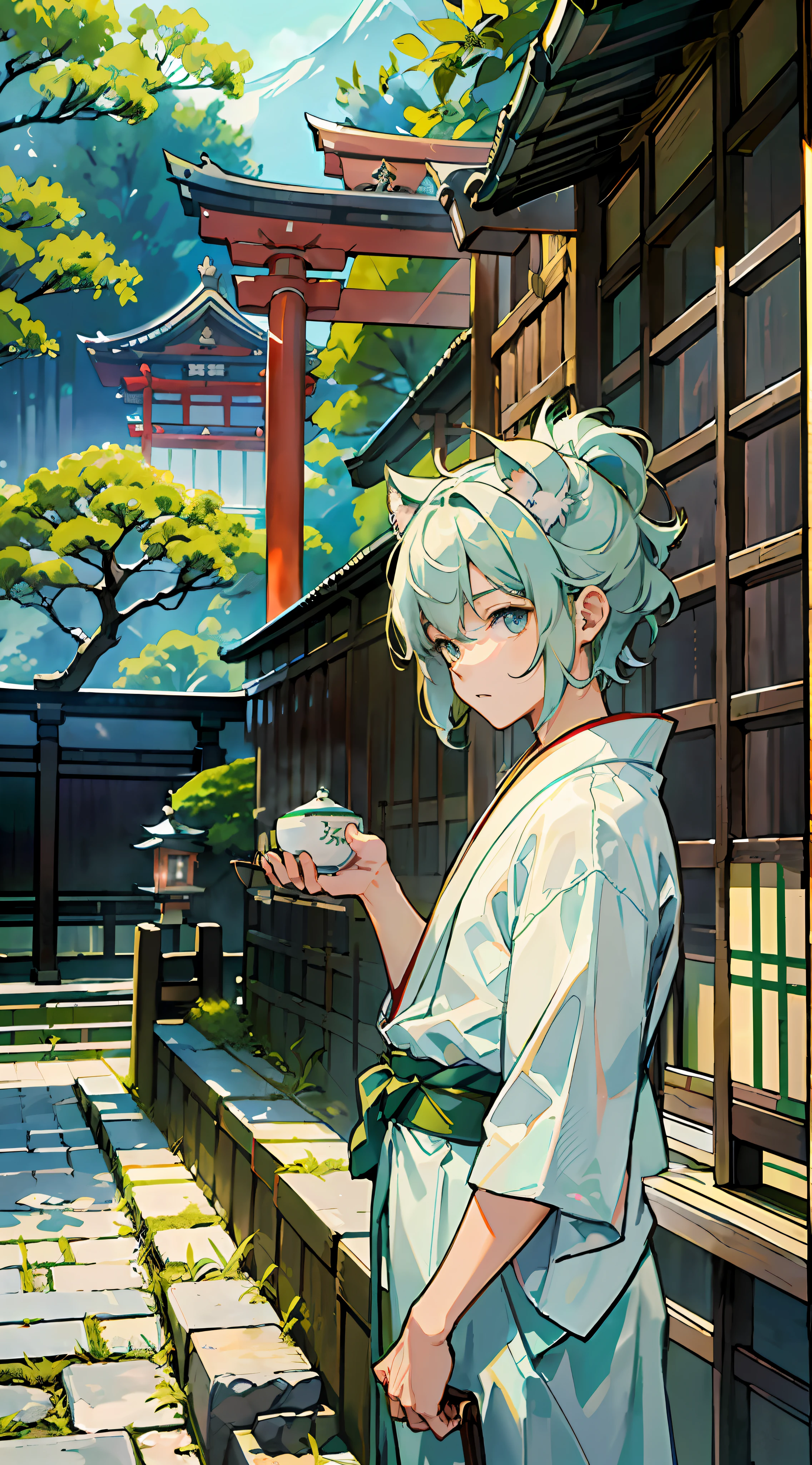 ((Masterpiece: 1.4, best quality)), one boy, green and short hair and eyes, (Shinto priest of the Japan, white and light blue hakama: 1.3), the background is a temple in Kyoto.