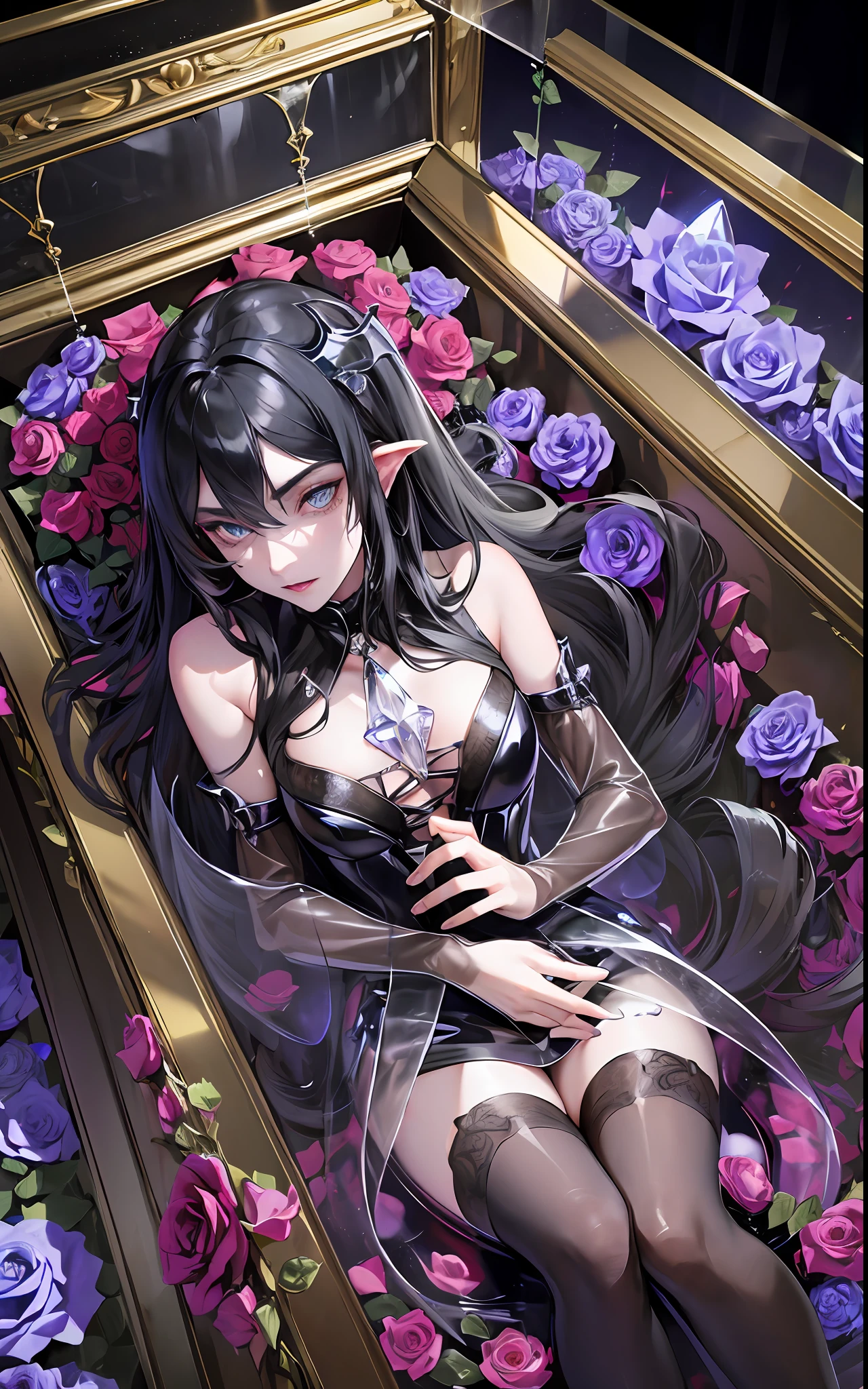 1girl, adult woman, black hair, long hair, blue eyes, big breasts, black victorian dress, flowing elegant dress, inside a coffin made of glass, (((transparent vampire coffin with closed lid))) , (long coffin), girl locked in the coffin, seabed in the background, ((crystal)), gold cross, golden details, roses inside the coffin, rose thorns, ocean in the background, moonlight, coffin submerged in the sea, closed coffin with glass walls, closed lid, (((sarcophagus))), full body inside coffin