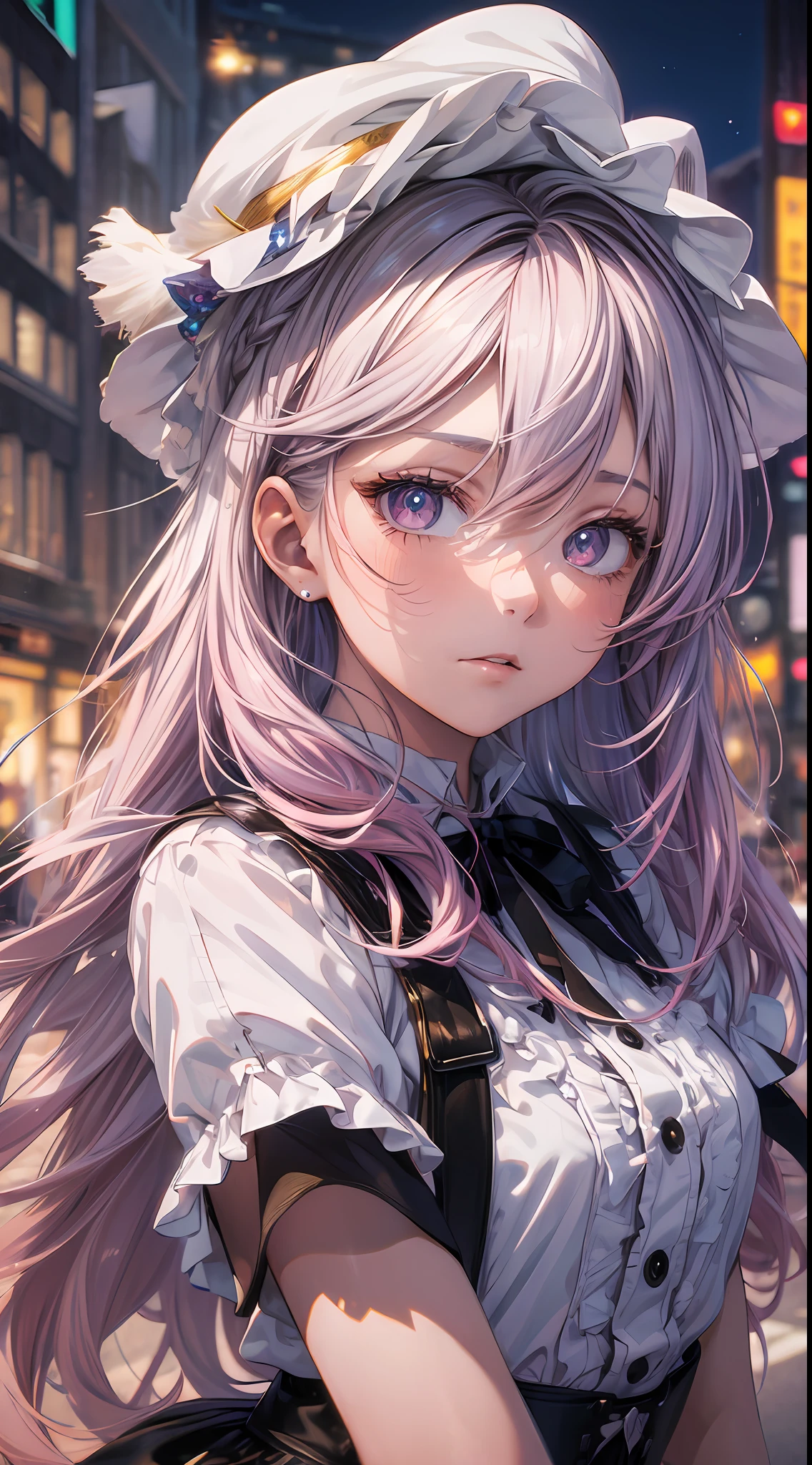 (gradient hair, dutch angle:1.3), film grain, chromatic aberration, city centre, masterpiece, best quality, raw photo, photorealistic, absurdres, 1girl, cute, perspective, cowboy shot, highres, ultra detailed, finely detail, detailed eyes and face, sharp pupils, realistic pupils, sharp focus, summer, night,
