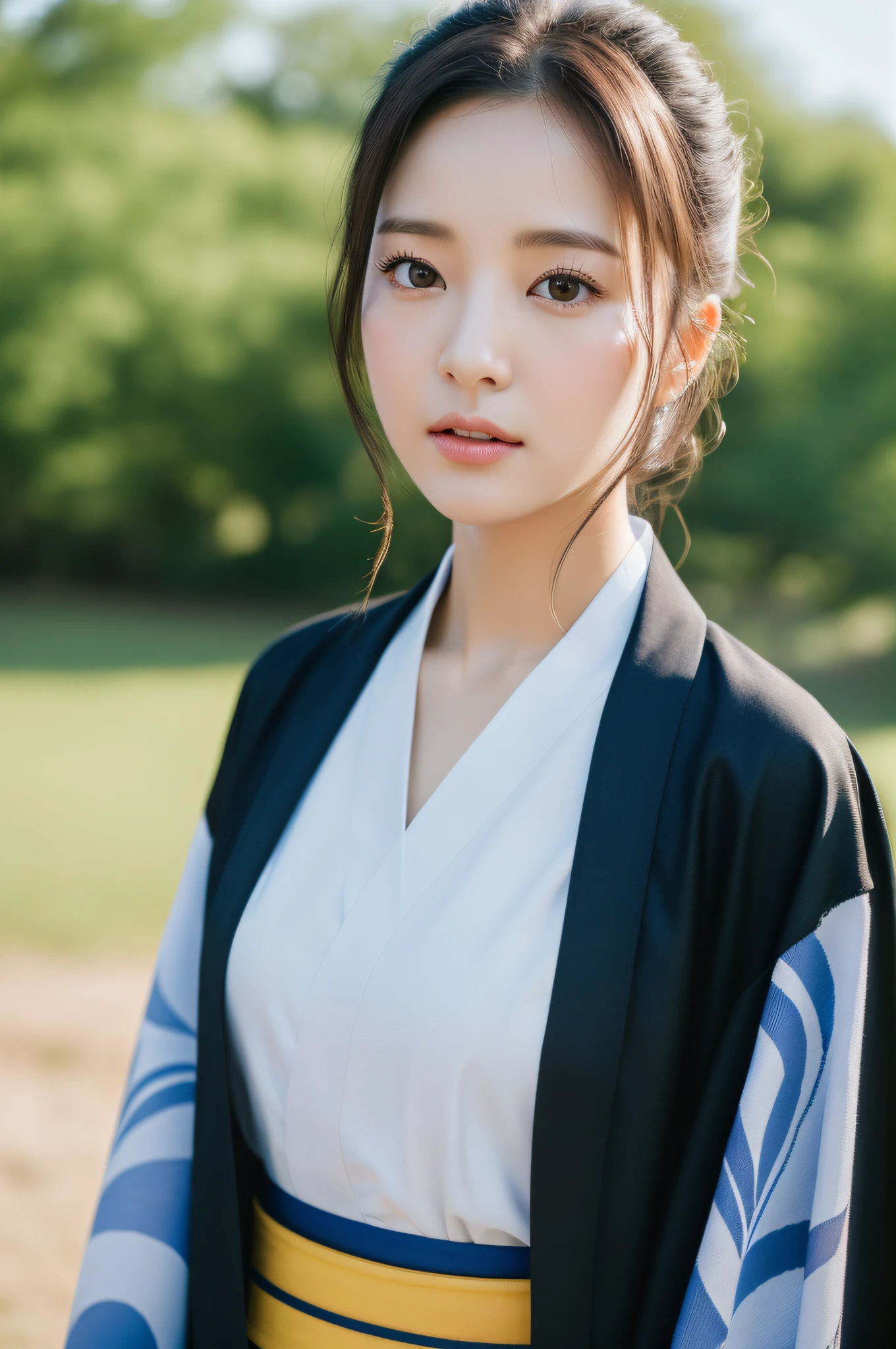 ((Best Quality, 8K, Masterpiece: 1.3)), Sharp Focus: 1.2, (Super Beautiful Face: 1.0), (Glossy Skin: 1.0), Realistic Photos, Black Hair, Realistic Pupils, Movie Lighting, Highly Detailed Eyes and Faces, Movie Lighting, (Cowboy Shot: 1.0), (Kimono, Hakama, Obi: 1.15), In Nature, (Korean Cute Actress)