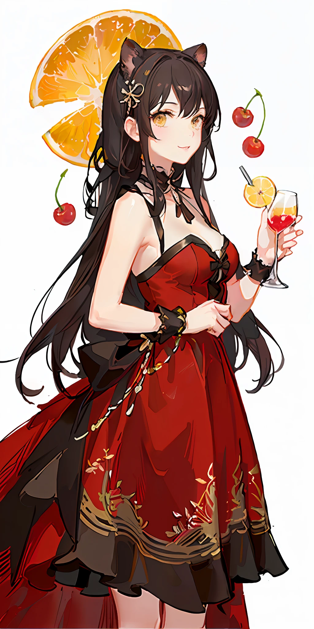 araffe girl holding a cherry and a cherry in her hand, official artwork,🐿🍸🍋, yellow background