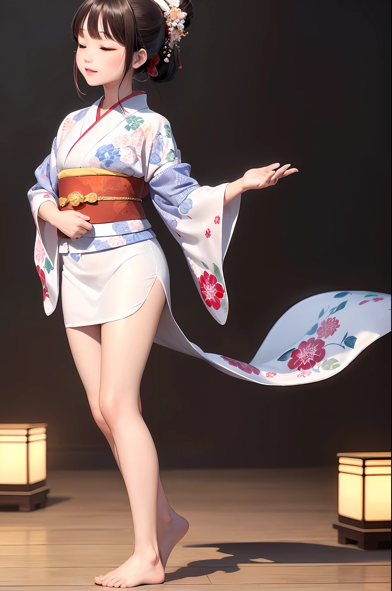 (full body), (ukiyo-e style), (floral kimono wearing a yukata in white, red and blue), (slightly smiling and eyes closed), ((big, gentle girl, small head)), (perfect body: 1.1), (knotted lifelike black hair, ponytail: 1.2), reddish brown, collar, chain, full body shot, pale yukata, (very elaborate CG 8K wallpaper), (very delicate and beautiful), (masterpiece), (highest quality) :1.0), (Ultra High Definition: 1.0), Beautiful lighting, perfect lightning, realistic shadows, [High Definition], Detailed skins, Ultra detailed ((Colorful)), Background white, (showing forehead), (nape), Profile, (Dancing the Awa Odori female dance with a hat on her head), ⋮ dynamism, (sweat and light splash)