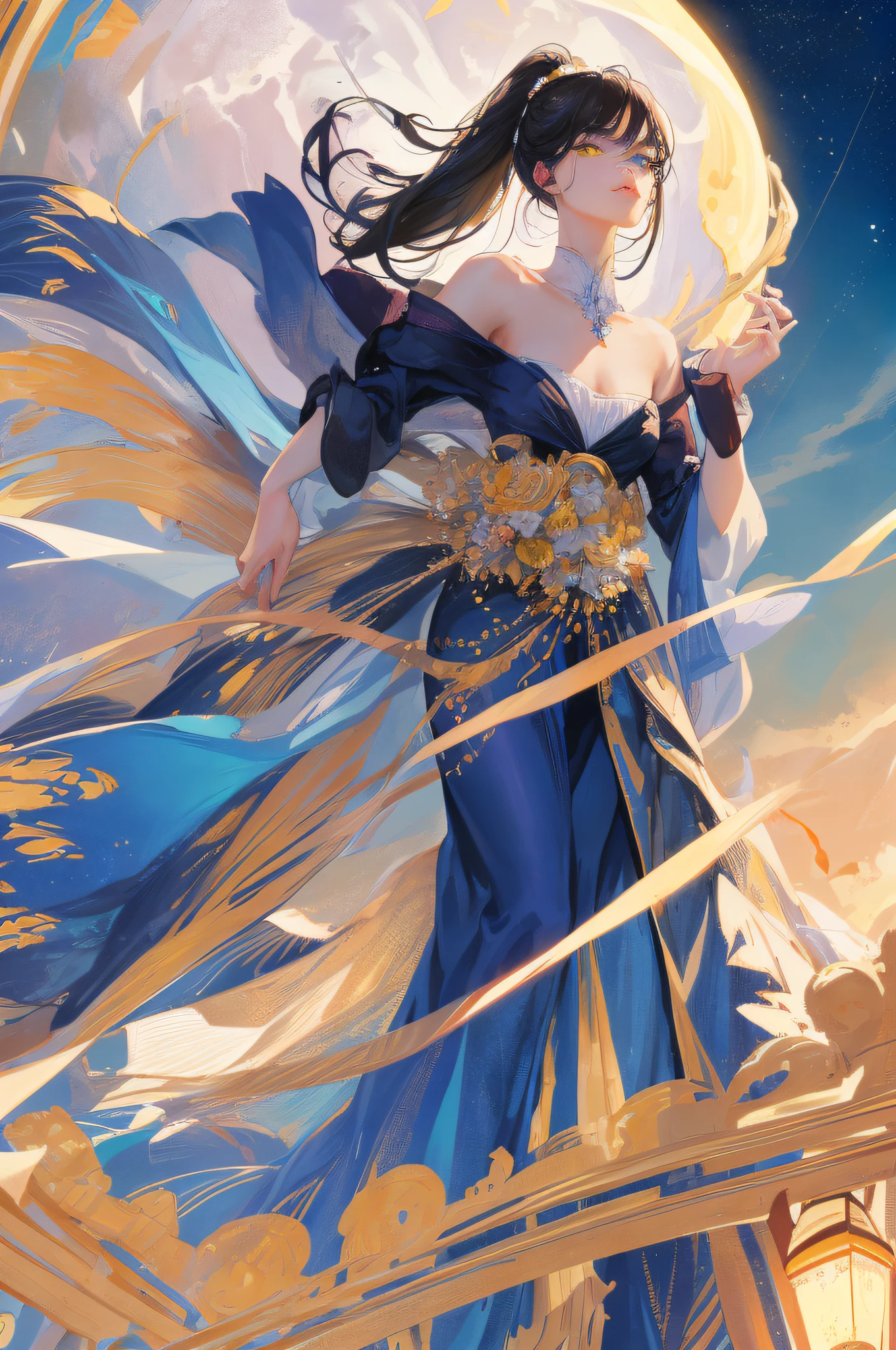 Masterpiece, (Best quality: 1.2), (Ultra detail: 1.2), Illustration, (Extremely delicate and beautiful: 1.2), Cinematic angle, (Beautiful detail eyes: 1.1), (Detailed light: 1.1), Film lighting, Beautifully detailed sky, Long black hair, (Blue and yellow eyes), (High ponytail: 1.1), Glowing eyes, (Moon: 1.2), (Moonlight: 1.1), Starry Sky, , ((Heterochromia))),, Adult women, , 1girl