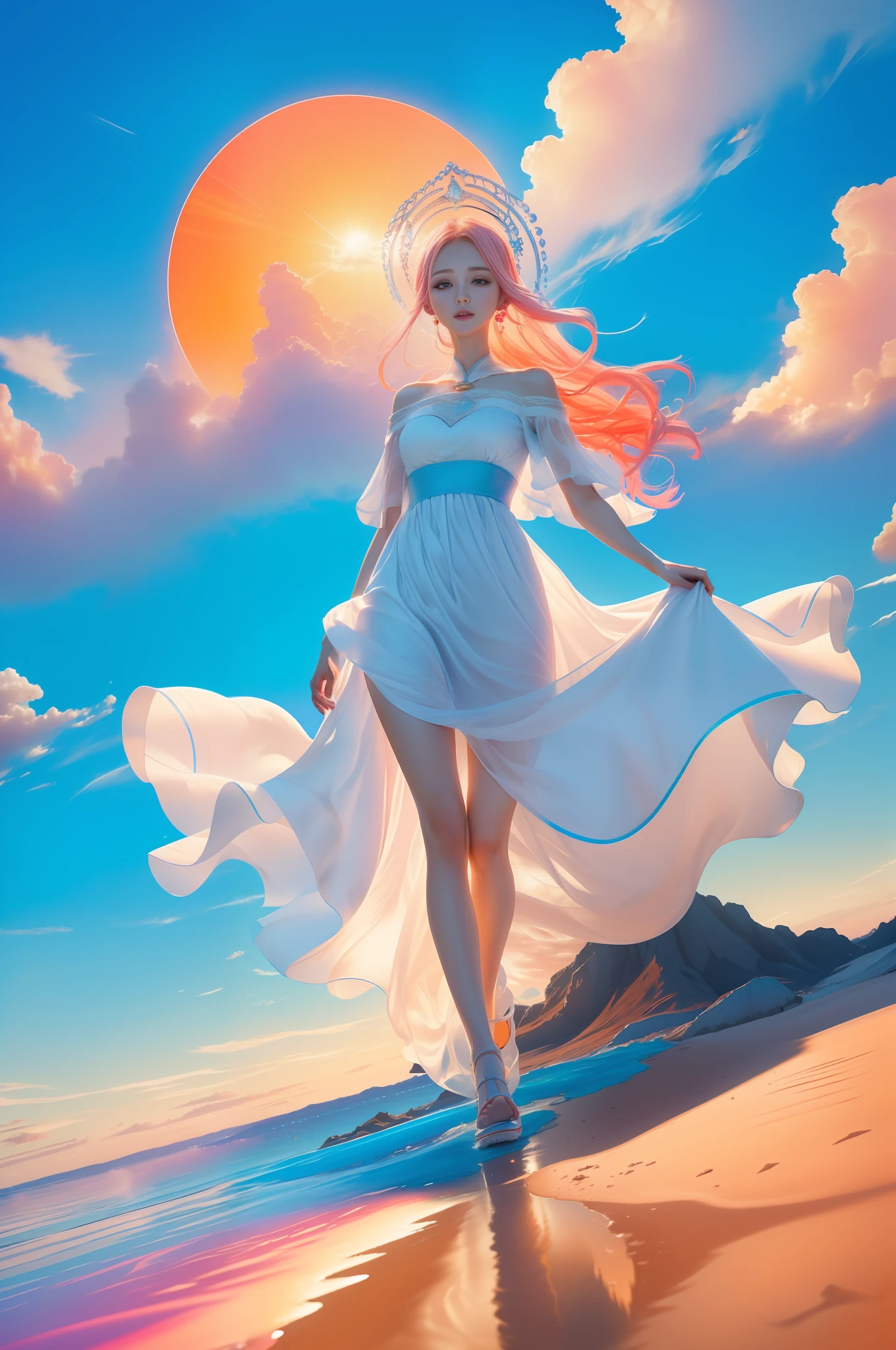 (8k, RAW photo, photorealistic:1.25) ,( lip gloss, eyelashes, glossy side, shiny skin, best quality, super high resolution, depth of field, chromatic aberration, caustics, special light, natural shadows, headwear, Kpop idol), light pink and sky blue style, (real: 1.2), 1girl, (orange sky: 1.5), tall and thin beauty goddess, flowing dress, conservative girl, cloud goddess, flowing white fabric, Wearing a flowing dress, (blue sky and white clouds in the background: 1.4), (wind: 1.5), (full body: 1.5),