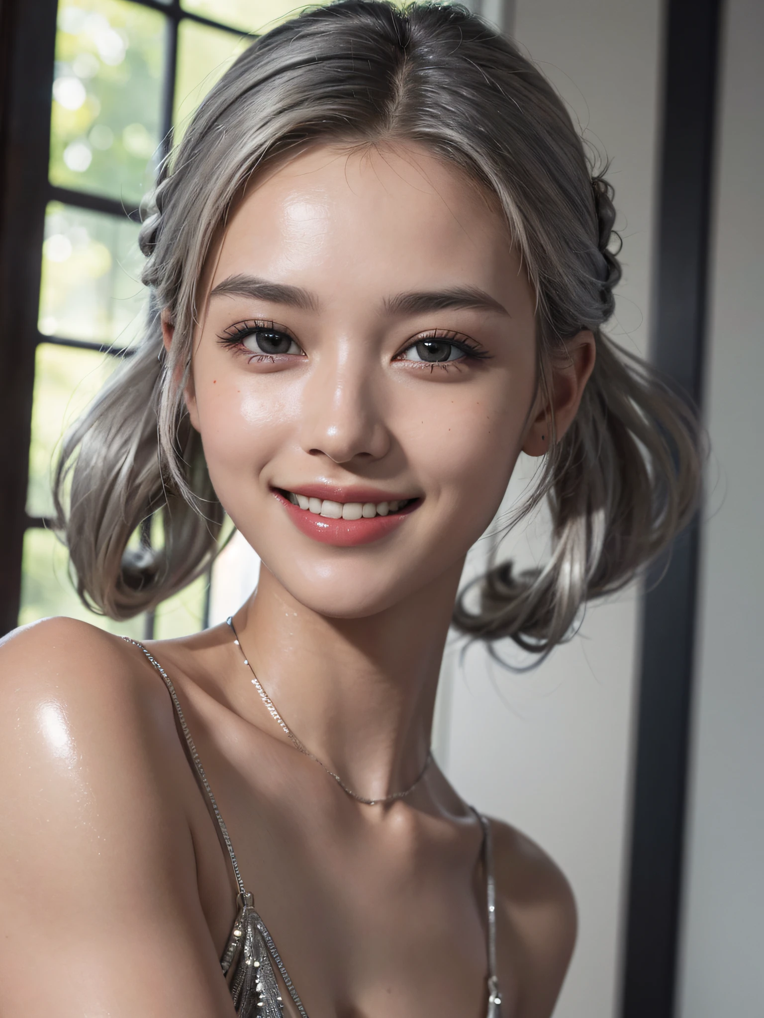 Best quality, masterpiece, ultra high res, (photorealistic:1.4), raw photo, 1girl, silver hair, Formal Updo,shiny skin, dramatic lighting,(smile:1.2)