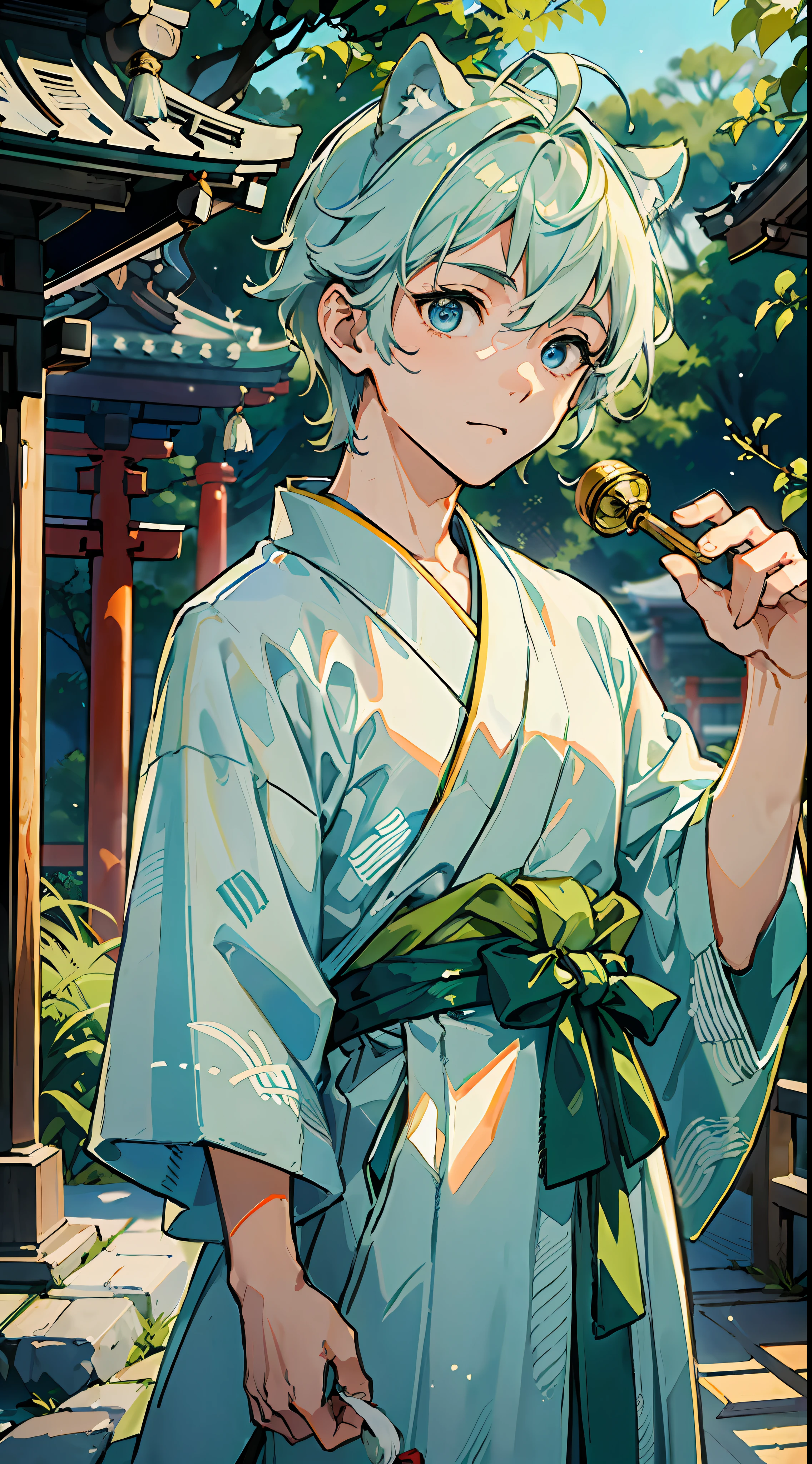 ((Masterpiece: 1.4, top quality)), one boy, green and short hair and eyes, (Japan Shinto priest, white and light blue hakama: 1.3), tanuki ears and tail, the background is a temple in Kyoto.
