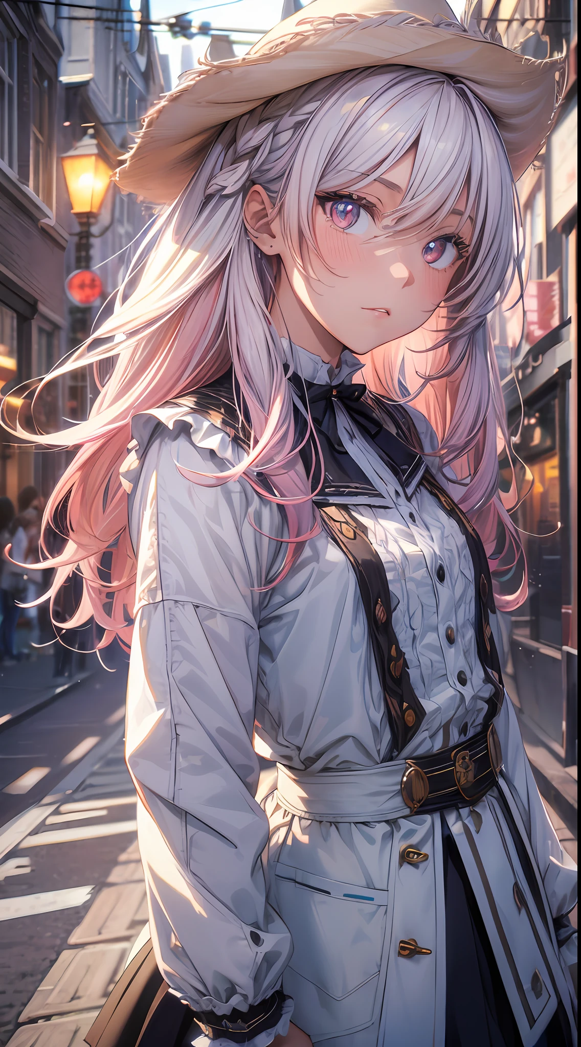(gradient hair, dutch angle:1.3), film grain, chromatic aberration, city centre, masterpiece, best quality, raw photo, photorealistic, absurdres, 1girl, cute, perspective, cowboy shot, highres, ultra detailed, finely detail, detailed eyes and face, sharp pupils, realistic pupils, sharp focus, summer, night,