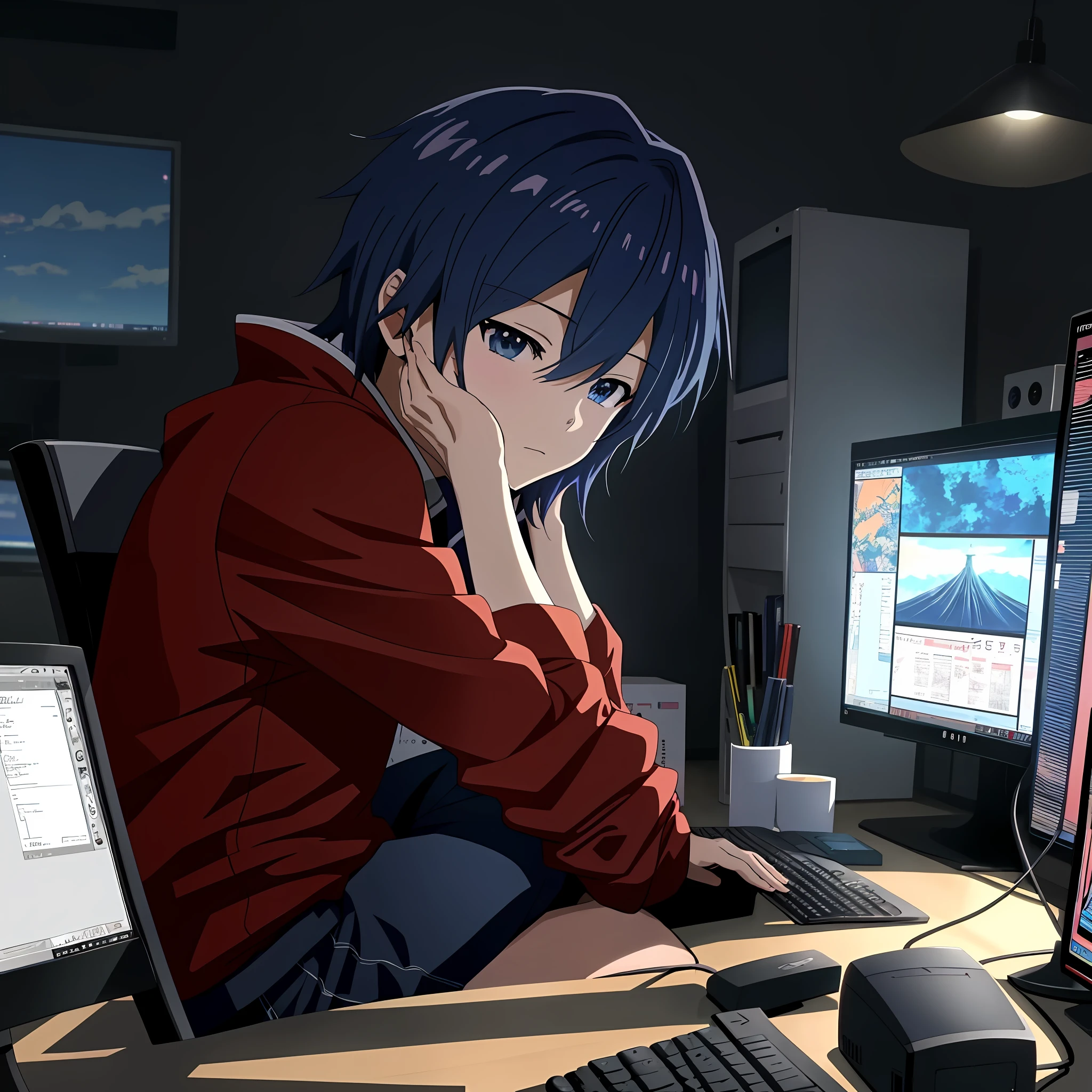 anime boy sitting at a desk with a computer and a monitor, digital anime illustration, 4k anime wallpaper, anime style 4 k, anime art wallpaper 8 k, anime wallpaper 4k, anime wallpaper 4 k, digital anime art, anime art wallpaper 4 k, anime art wallpaper 4k, detailed digital anime art, 4 k manga wallpaper, badass anime 8 k