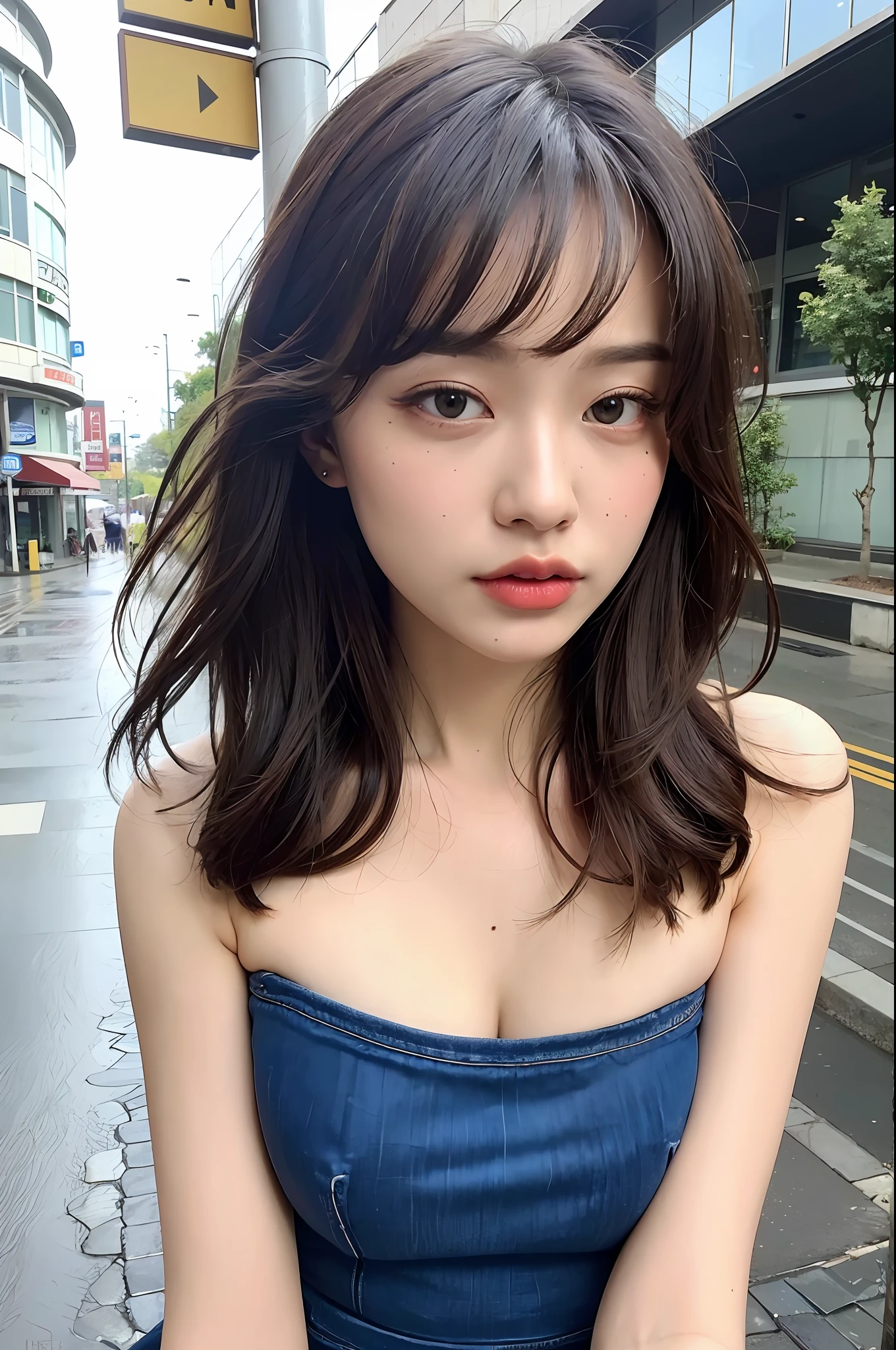 ((Best Quality, 8k, Masterpiece: 1.3)), Focus: 1.2, Perfect Body Beauty: 1.4, Buttocks: 1.2, ((Layered Haircut, Flat Chest: 1.2)), (Rain, Street:1.3), Bandeau Dress: 1.1, Highly Detailed Face and Skin Texture, Fine Eyes, Double Eyelids, Whitened Skin, Long Hair, (Shut Up: 1.3), Full Body
