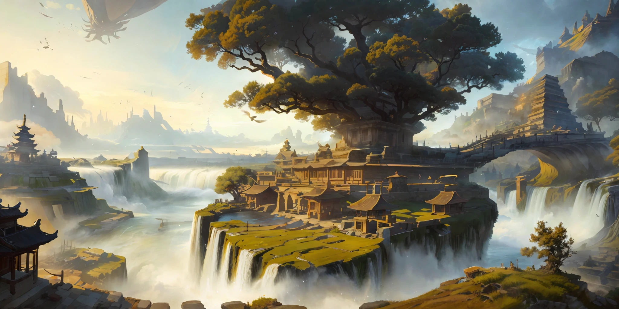 There is a painting of a building with a bridge in front, digital painting concept art, environmental design illustration, painting concept art, anime landscape concept art, landscape game concept art, environmental painting, 8k, ancient tree, dead wood, lost temple, floating stone, flying ascension, waterfall, ancient style architecture