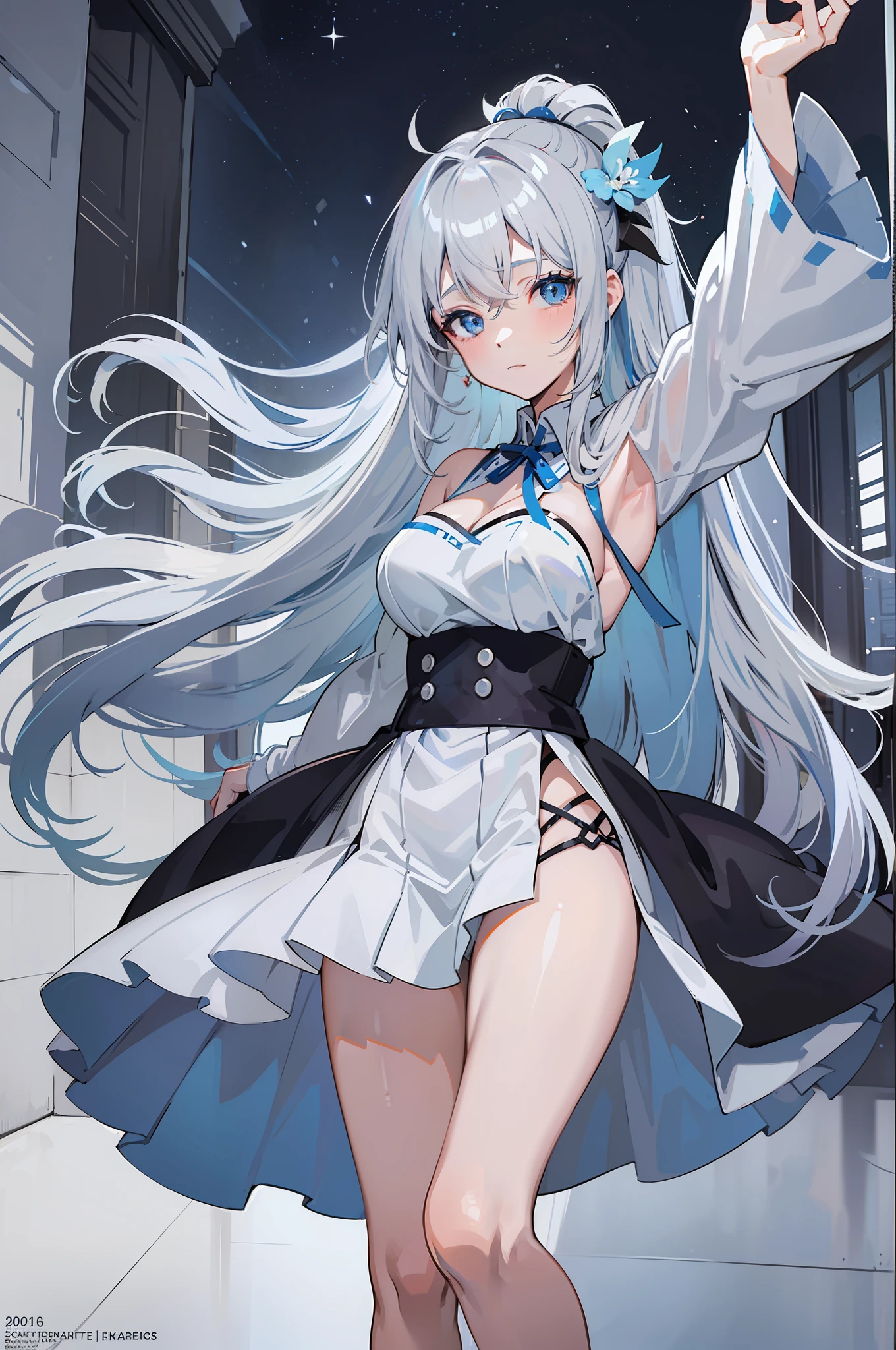 ((Best Quality, 8K, Best Masterpiece)) Anime characters with long gray hair and blue eyes, Anime visuals of young women, Today's featured anime stills, God of White Hair, official art, cute girl anime visuals, Popular isekai anime, Tsuaii, Marisa Kirigami, Anime movies, TV anime still, Isekai, Hestia, Albedo of Anime Overlord Transparency 　Blue small ribbon