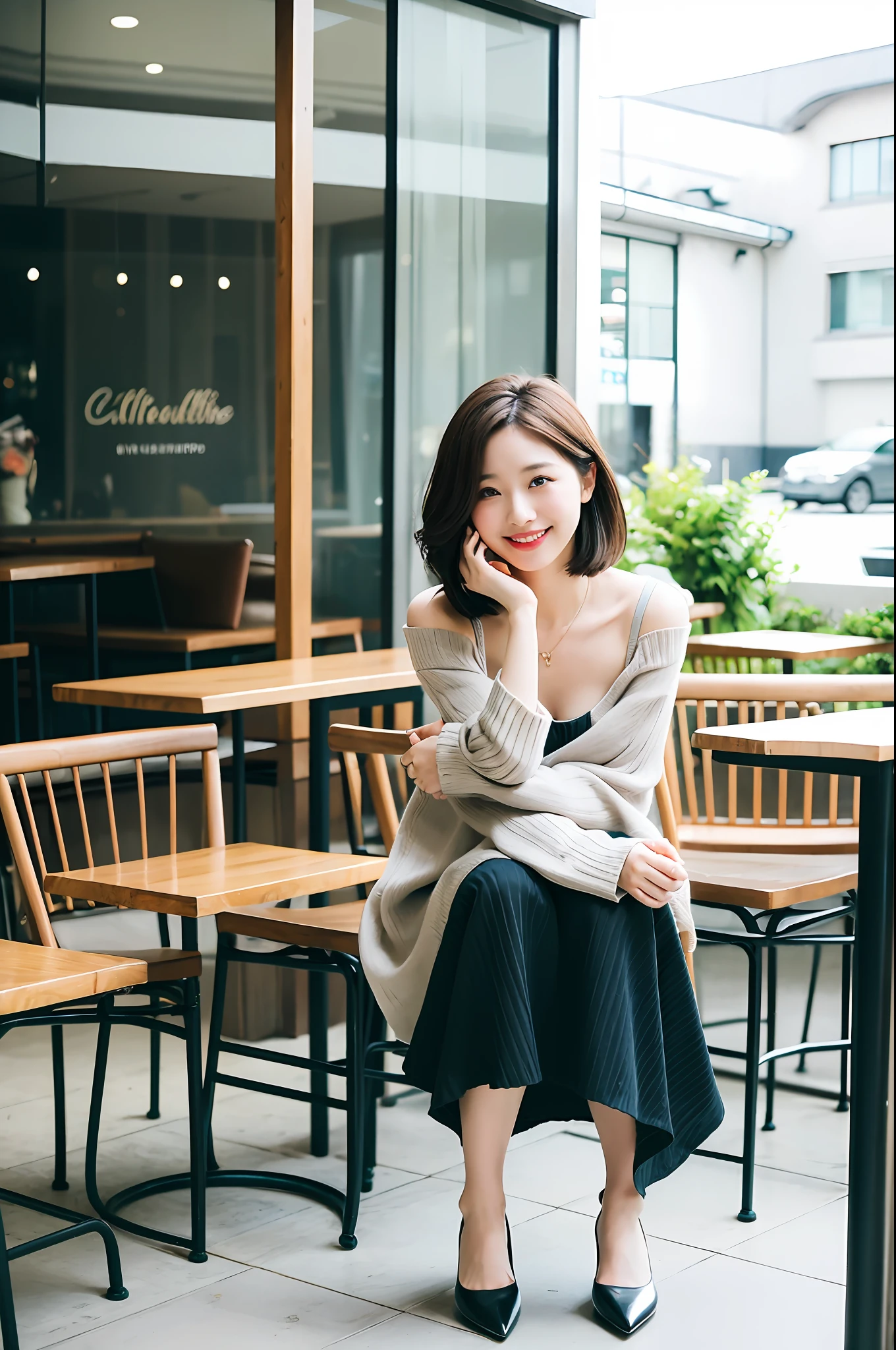 8k uhd, dslr,film grain, Fujifilm XT3,(best quality:1.3), (masterpiece:1.1), high resolution, cinematic light, intricate details, (photorealistic),outside,beautiful outside,sunny,
korean girl,(in cafe:1.5) , dimples, bobcut, looking at viewer, detailed trees, ribbons, bowties, bare shoulders, ribbed sweater,
pencil skirt, high-waist skirt, head rest, sitting, indoors,
necklace,black pantyhose, sheet transportation sweater, (smile),(full body:1.6),slender,