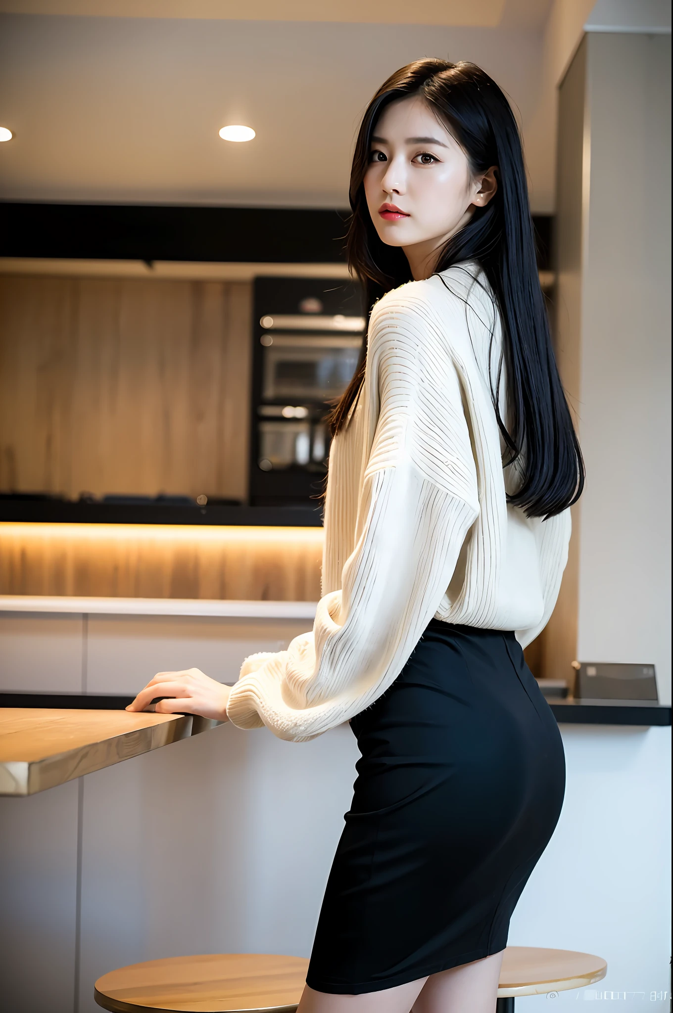 sharp face, masterpiece, best quality, high res, (wide shot:1.2), a Hong Kong woman, (light makeup), (dynamic pose:1.2), cotton sweater, (skirt:1.3), (sitting in cafe), black hair, looking at viewer, looking back,